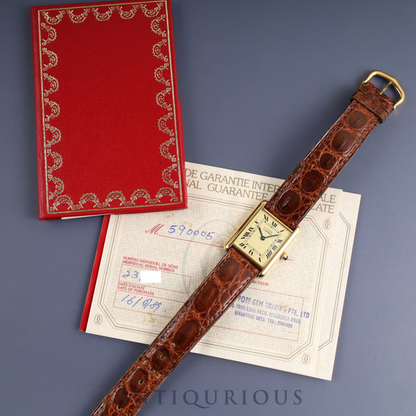 カルティエ マストタンク LM 590005 クォーツ Cal.90 SV925 純正革ベルト 純正尾錠(GP) アイボリーローマン文字盤 保証書(1989年) オーバーホール済み