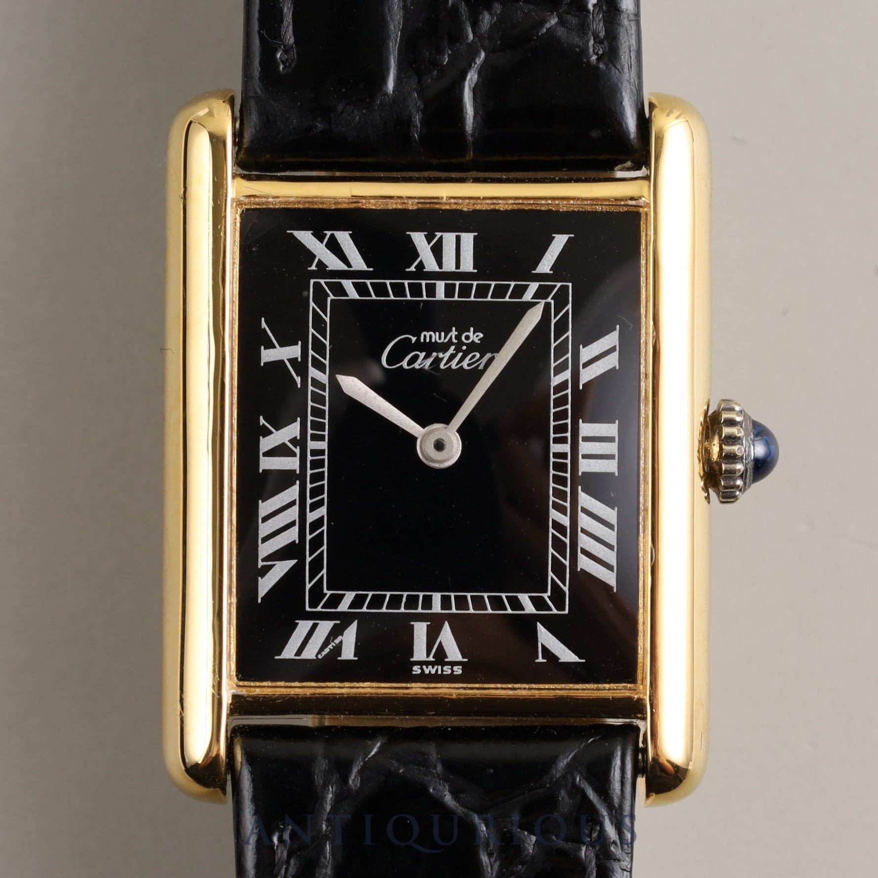 Cartier Must Tank LM Manual Winding Cal.78-1 925 Leather Black Roman Dial Overhauled Newly Finished