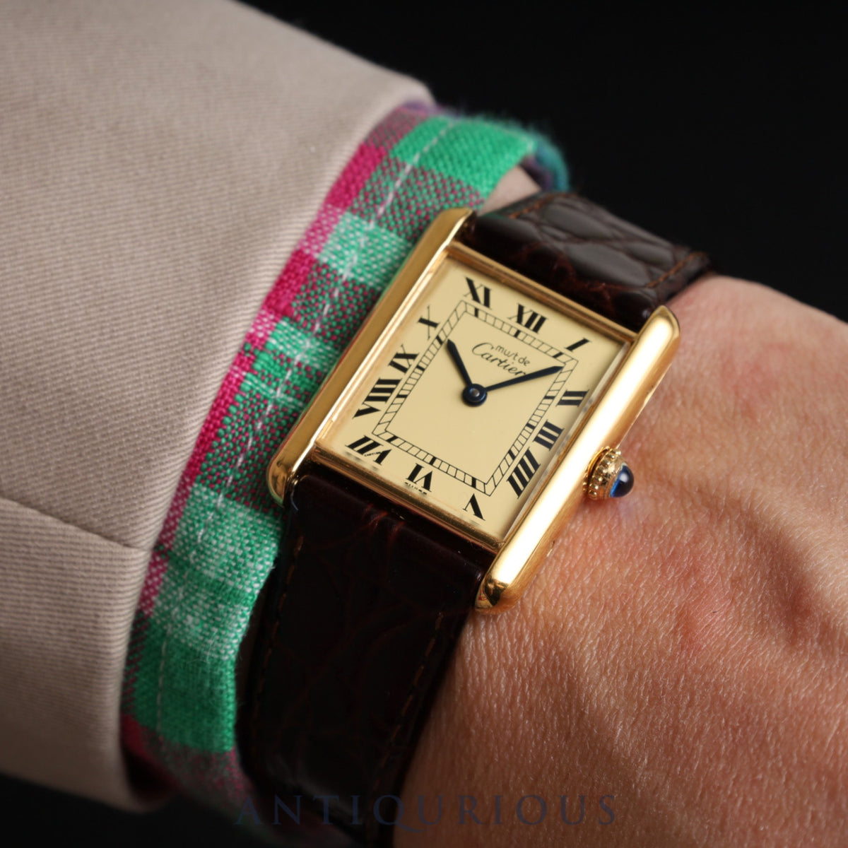 Cartier Must Tank LM 590005 Quartz Cal.90 SV925 Leather Genuine Buckle (GP) Ivory Roman Dial Overhauled