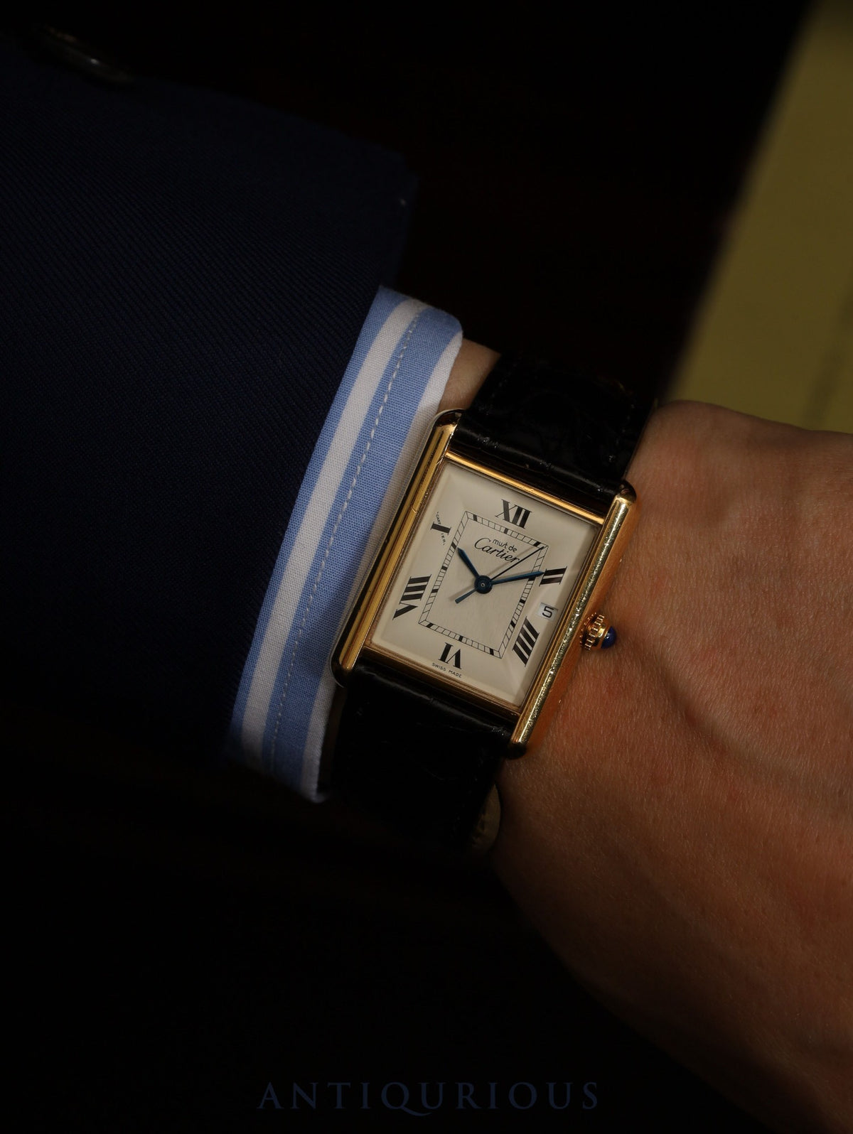 Cartier Must Tank GM (XL) W1013754 / 2413 Quartz Caliber 687 SV925 Leather Strap with Genuine D-Clasp (GP) Buckle Ivory Roman Dial (SWISS MADE) Overhauled
