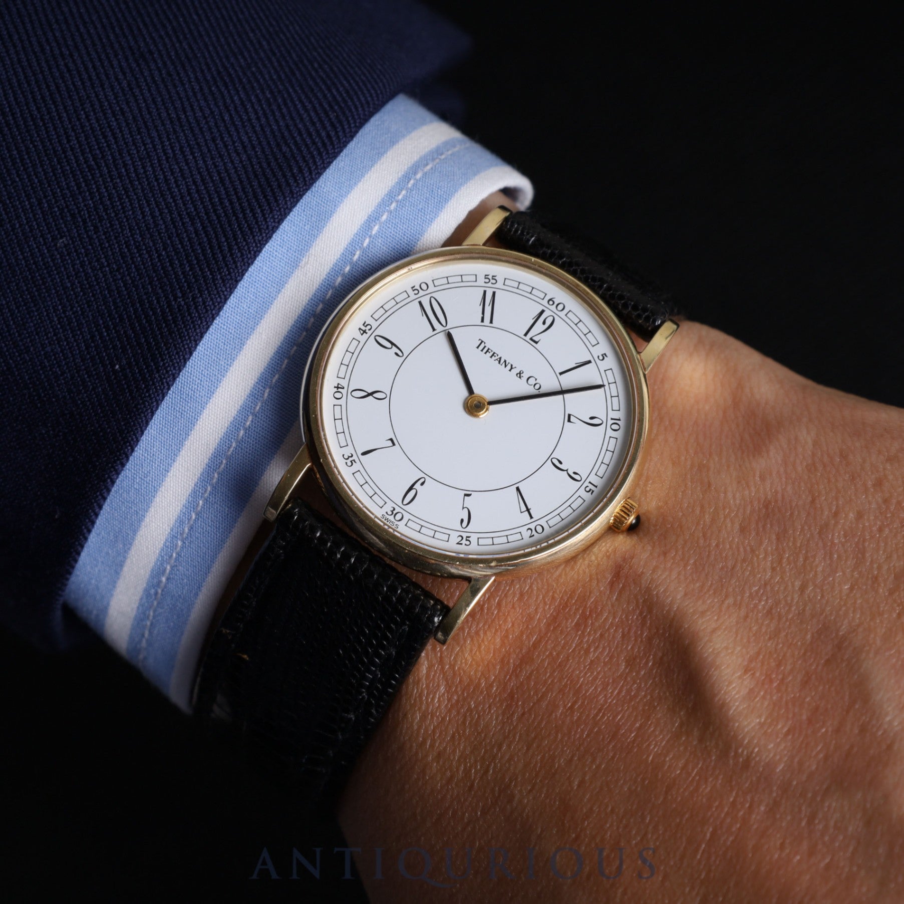 ティファニー ラウンドクラシック クォーツ Cal.ETA255.441 14K 革 社外尾錠(GP) ホワイトアラビア文字盤 オーバーホール済み