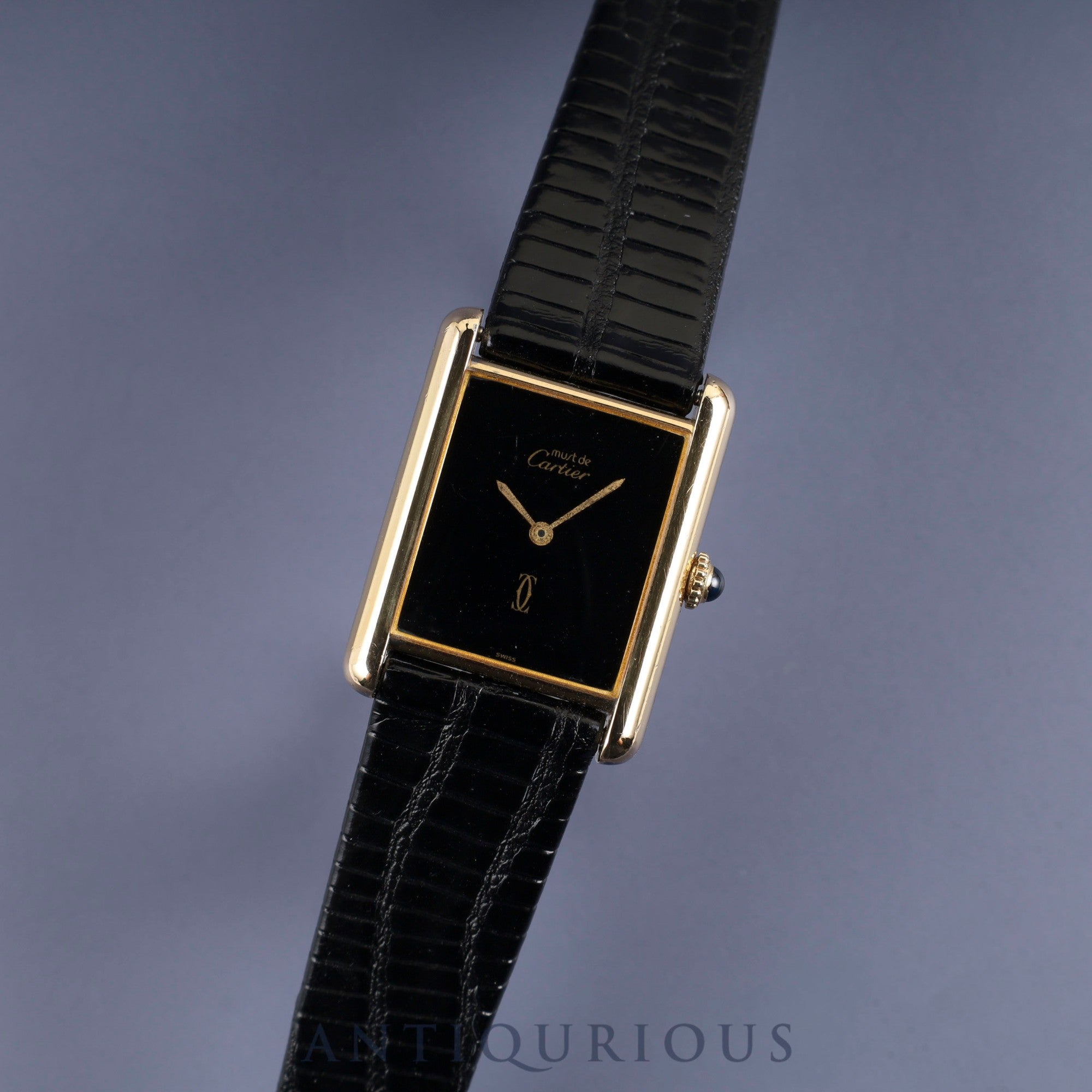 Cartier Must Tank LM Manual Winding Cal. 78-1 SV925 Leather Strap Genuine Buckle (GP) Onyx Dial Box Overhauled