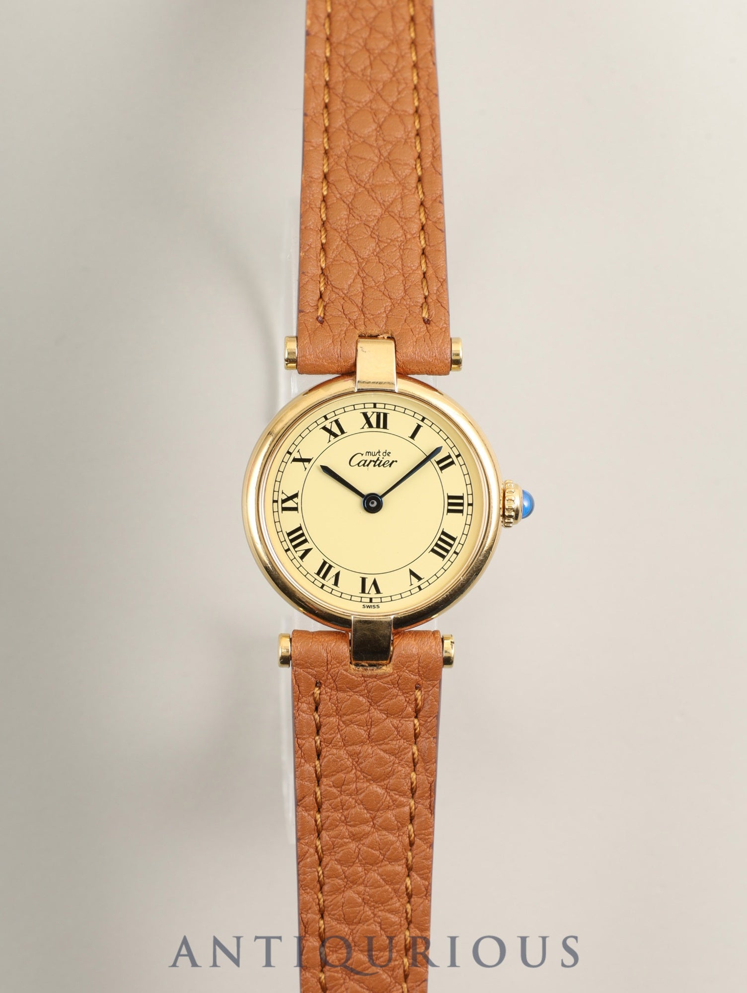 Cartier Must Vendôme VLC SM 590004 Quartz Caliber 90 SV925 Leather Watch with Genuine Pin Buckle (GP) Ivory Roman Dial Overhauled