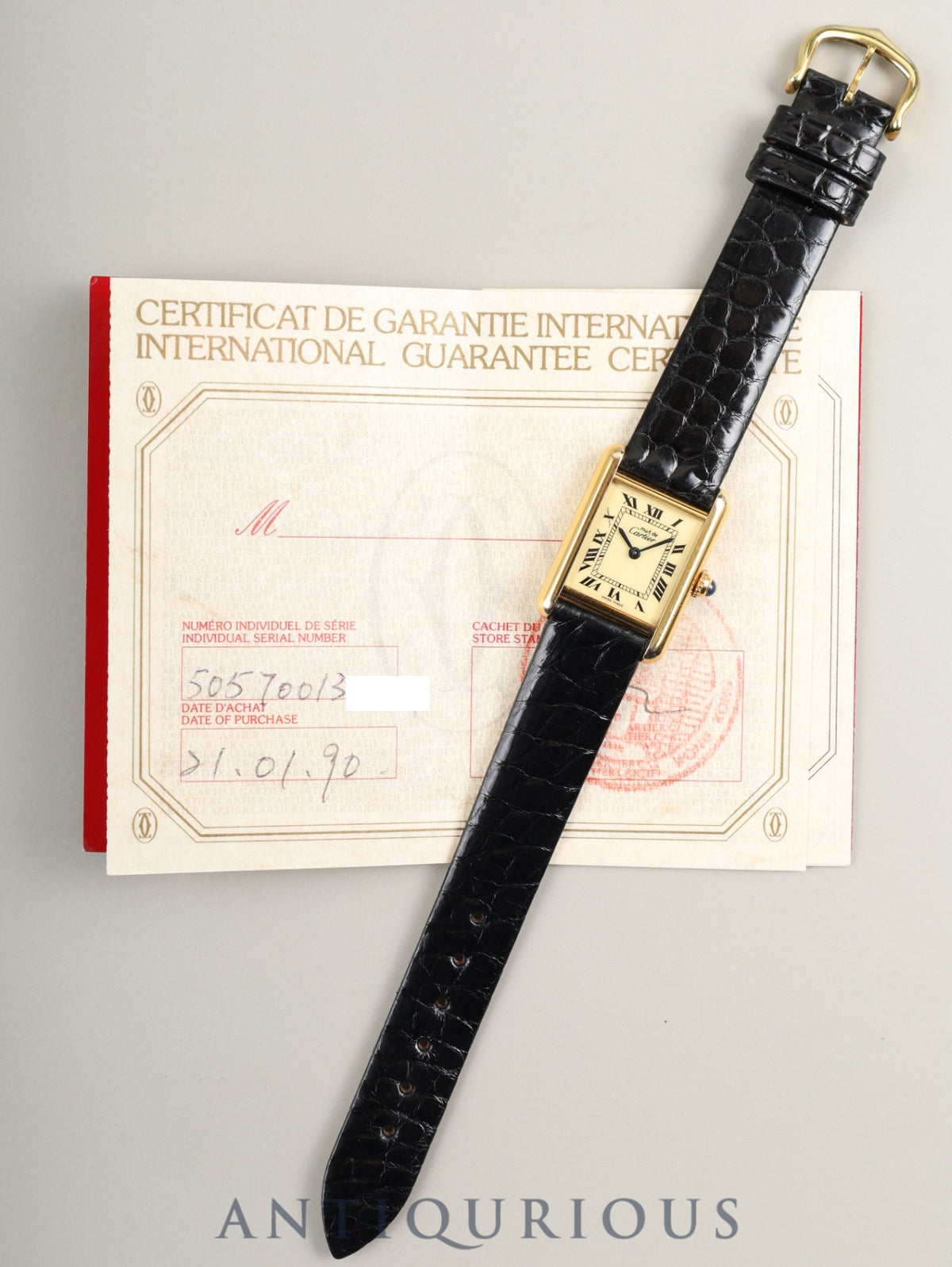 Cartier Must Tank SM W1003153 / 5057001 Quartz, SV925, leather strap, genuine pin buckle (GP), ivory Roman dial (SWISS MADE表記), warranty (1990). Complete service (full maintenance) completed at a Cartier boutique.