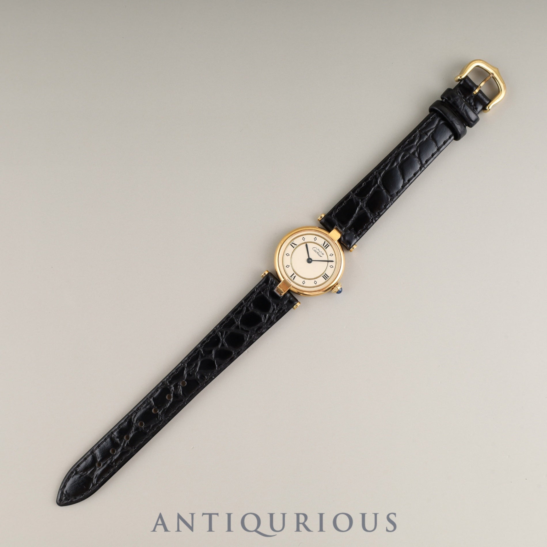 Cartier Must Vendôme VLC SM 590004 Quartz Caliber 90 SV925 Leather Strap with Genuine GP Buckle, Ivory 4-Point Roman Dial, Overhauled