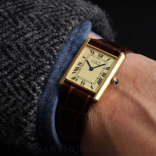 カルティエ マストタンク LM 590005 クォーツ Cal.90 SV925 革 純正尾錠(GP) アイボリーローマン文字盤 オーバーホール済み