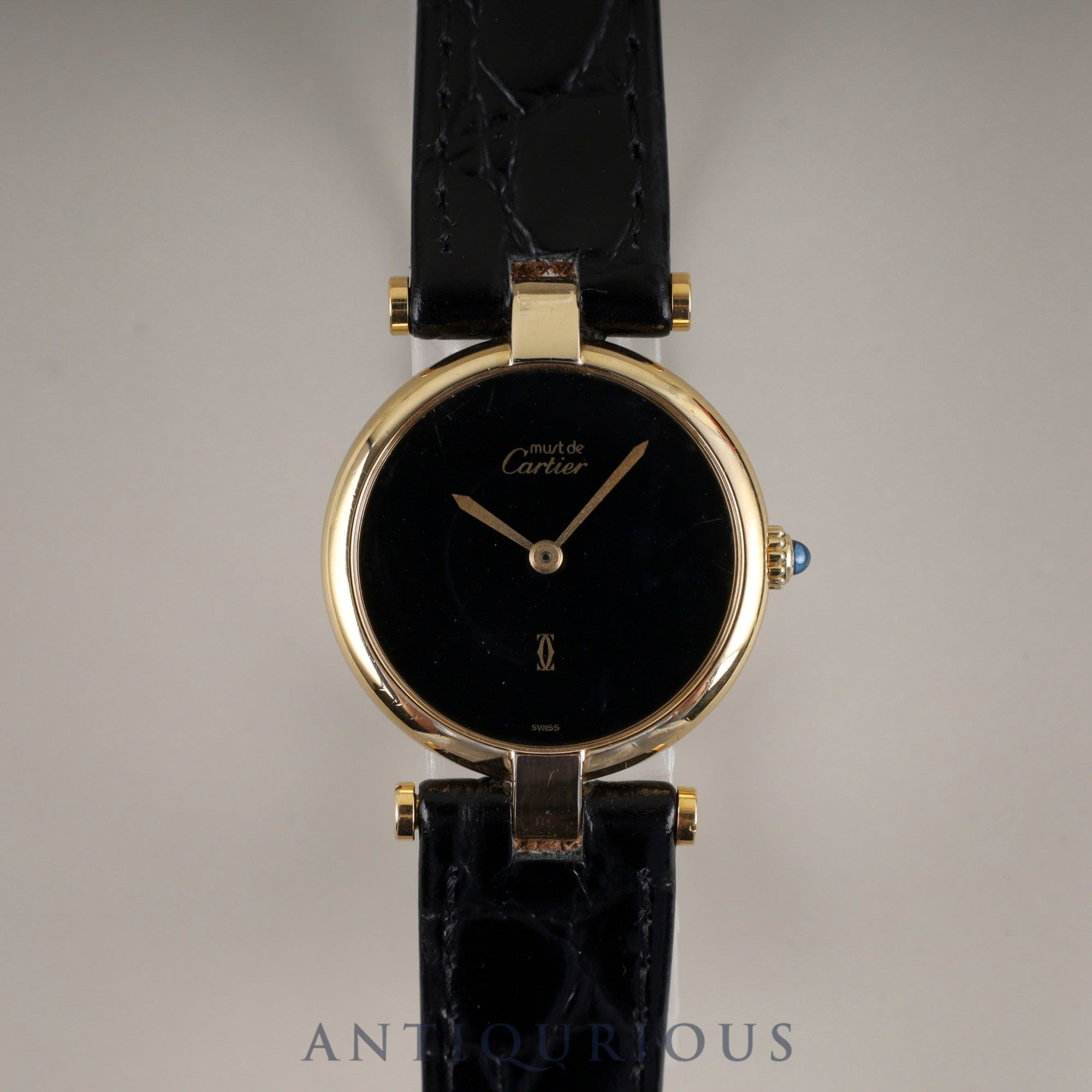 Cartier Must Vendôme VLC SM Quartz Cal.81 SV925 Leather Strap with Genuine GP Buckle, Onyx Dial, Overhauled