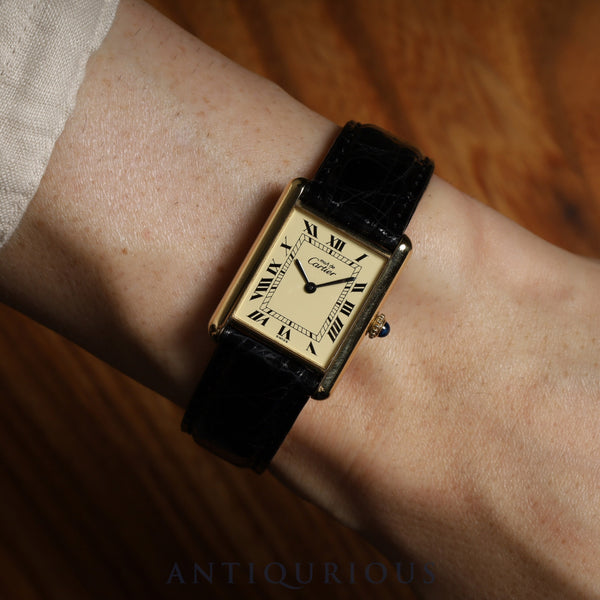 Cartier Must Tank LM Manual Winding Cal. 78-1 SV925 Leather Strap with Genuine GP Buckle Ivory Roman Dial Circa 1976-1981 Overhauled