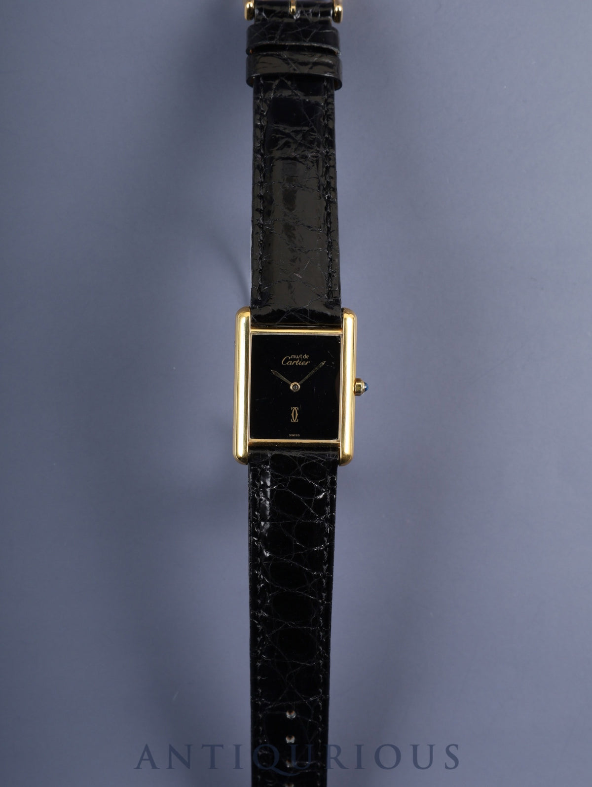 Cartier Must Tank LM 681006 Quartz Caliber 81 SV925 Leather Strap with Genuine GP Buckle, Onyx Dial (SWISS Marking), Overhauled and Finished to Like New