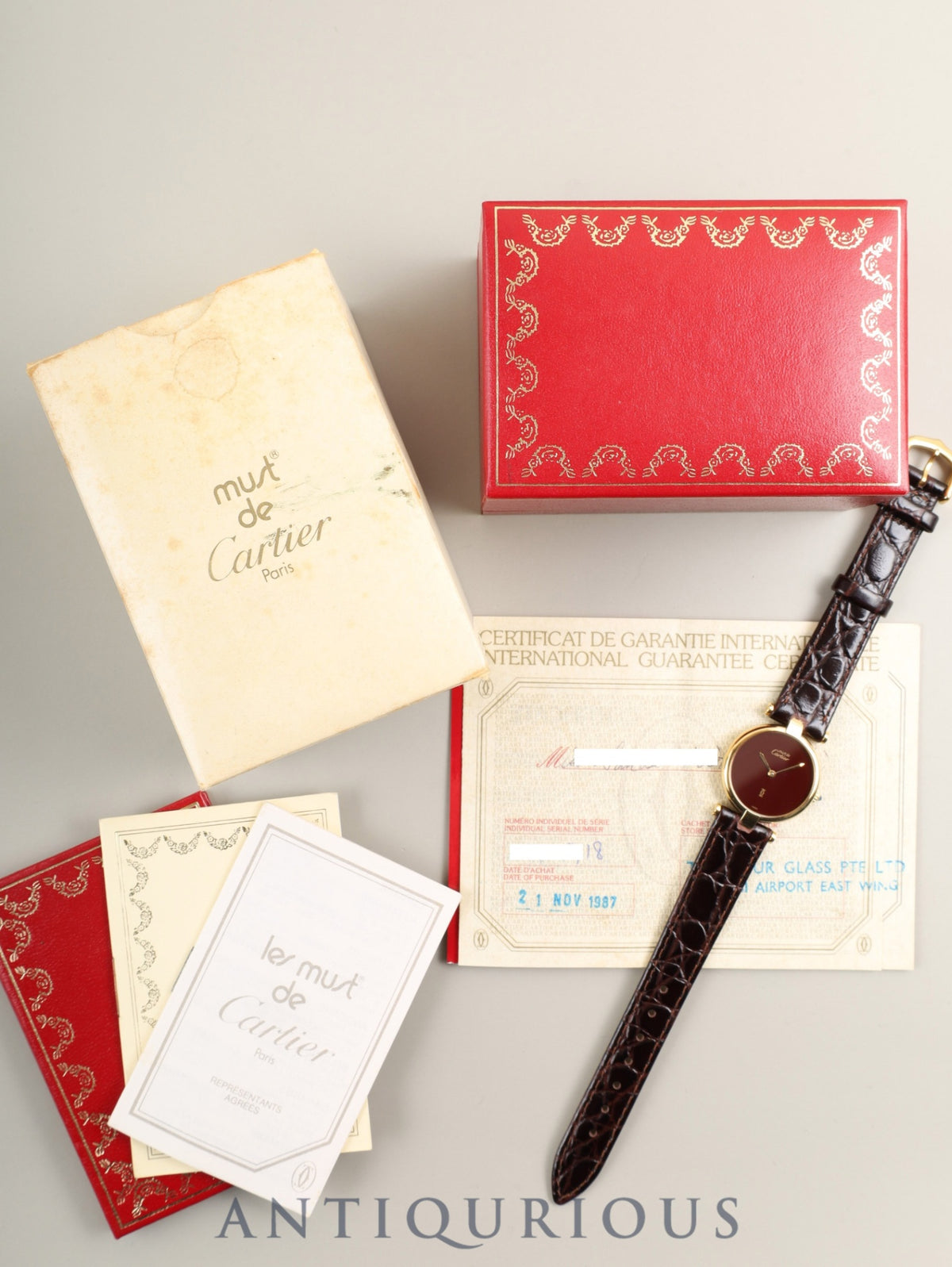 Cartier Must Vendôme VLC SM 18 Quartz Cal.81 SV925 Leather Genuine Pin Buckle (GP) Garnet Dial Bordeaux Dial Box Booklet Warranty (1987) Overhauled