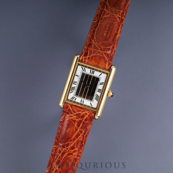 Cartier Must Tank LM 590005 Quartz Caliber 690 SV925 Leather Strap with Genuine GP Buckle, Front Trinity Dial, Overhauled