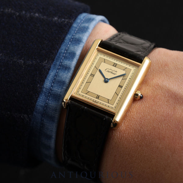 Cartier Must Tank LM 681006 Quartz Cal.81 SV925 Leather Genuine Buckle (GP) Champagne Flying Roman Dial Overhauled Newly Finished