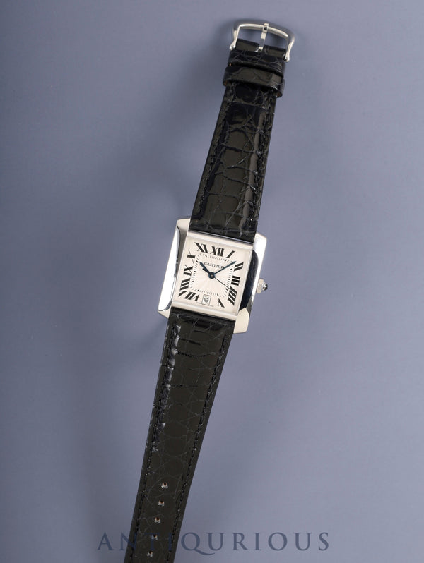 Cartier Tank Française LM W50011S3 / 2366 Automatic Cal.- 750WG Leather Original pin buckle (SS) Silver guilloché Roman numerals Overhauled
