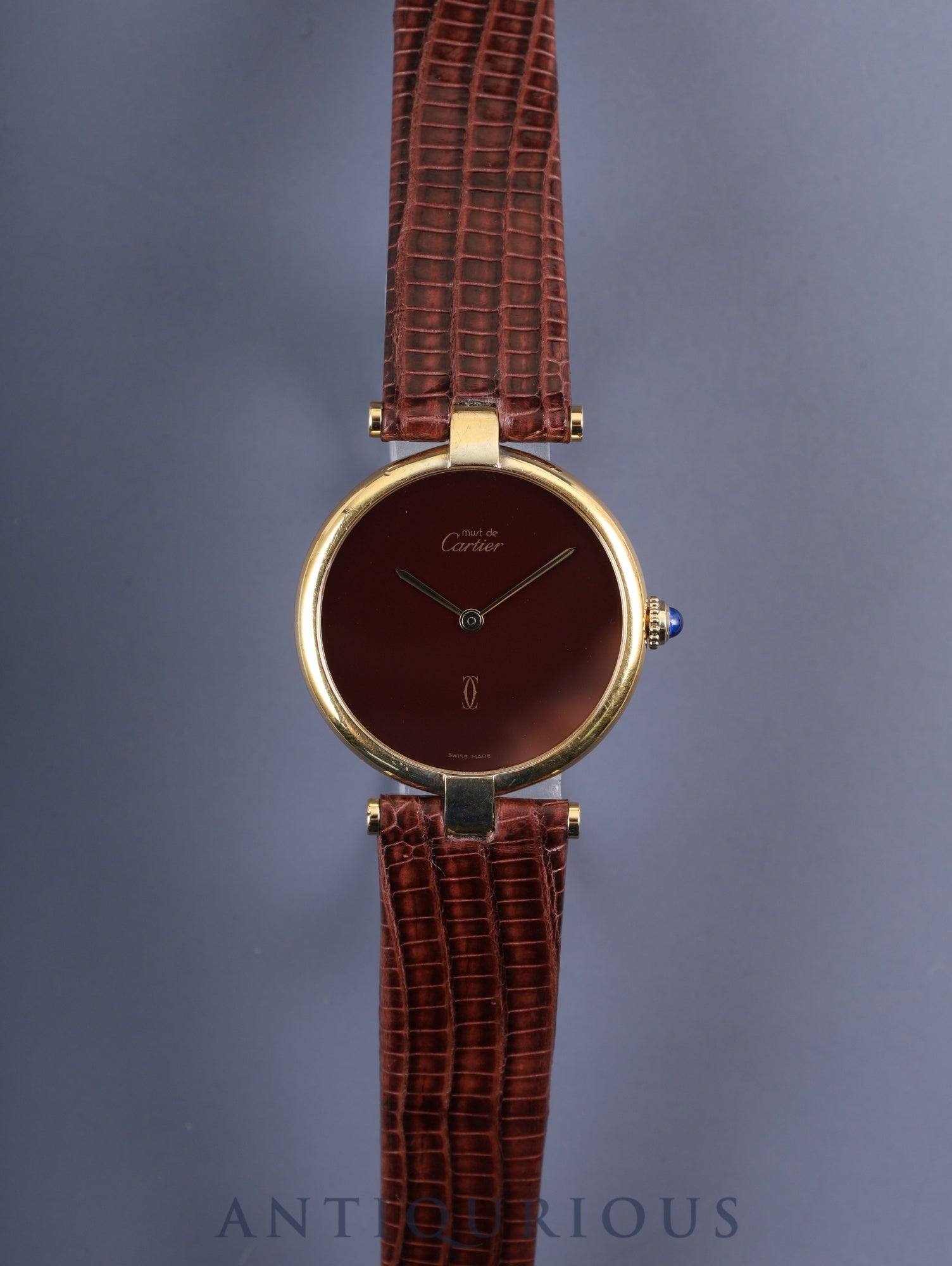 カルティエ マスト ヴァンドーム VLC LM クォーツ SV925 革 純正尾錠(GP)ボルドー文字盤 ガーネットダイアル カルティエブティックにてコンプリートサービス済み
