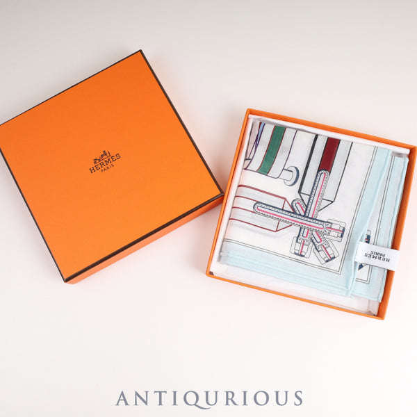 エルメス スカーフ カレ45 サングル・アン・フィネス ベルト柄 水色 COTTON100% 箱