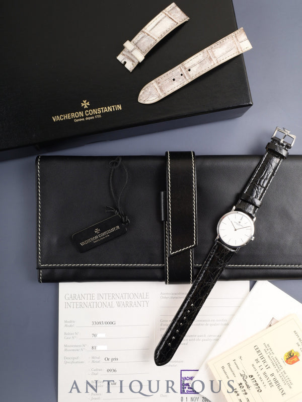 ヴァシュロン・コンスタンタン パトリモニー 33093/000G-0936 手巻き Cal.1003/2 750WG 革 純正ピンバックル(750WG)ホワイト文字盤 箱 ケース 冊子 タグ 保証書(2002年)修理完了紙(無記載)JEAN ROUSSEAU製革ベルト オーバーホール済み