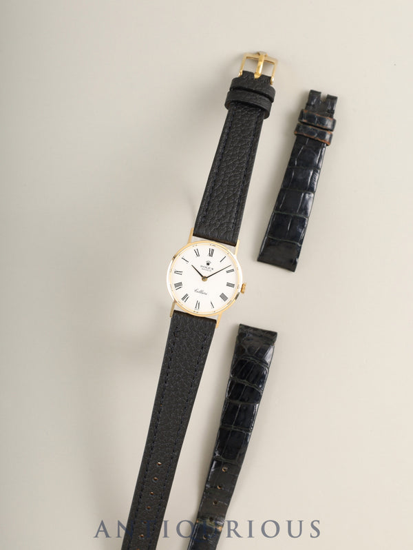 ロレックス チェリーニ 3810 手巻き Cal.1600 750YG 革 純正ピンバックル(GP)ホワイトローマン 26番(1968年)純正レザーベルト付き オーバーホール済み