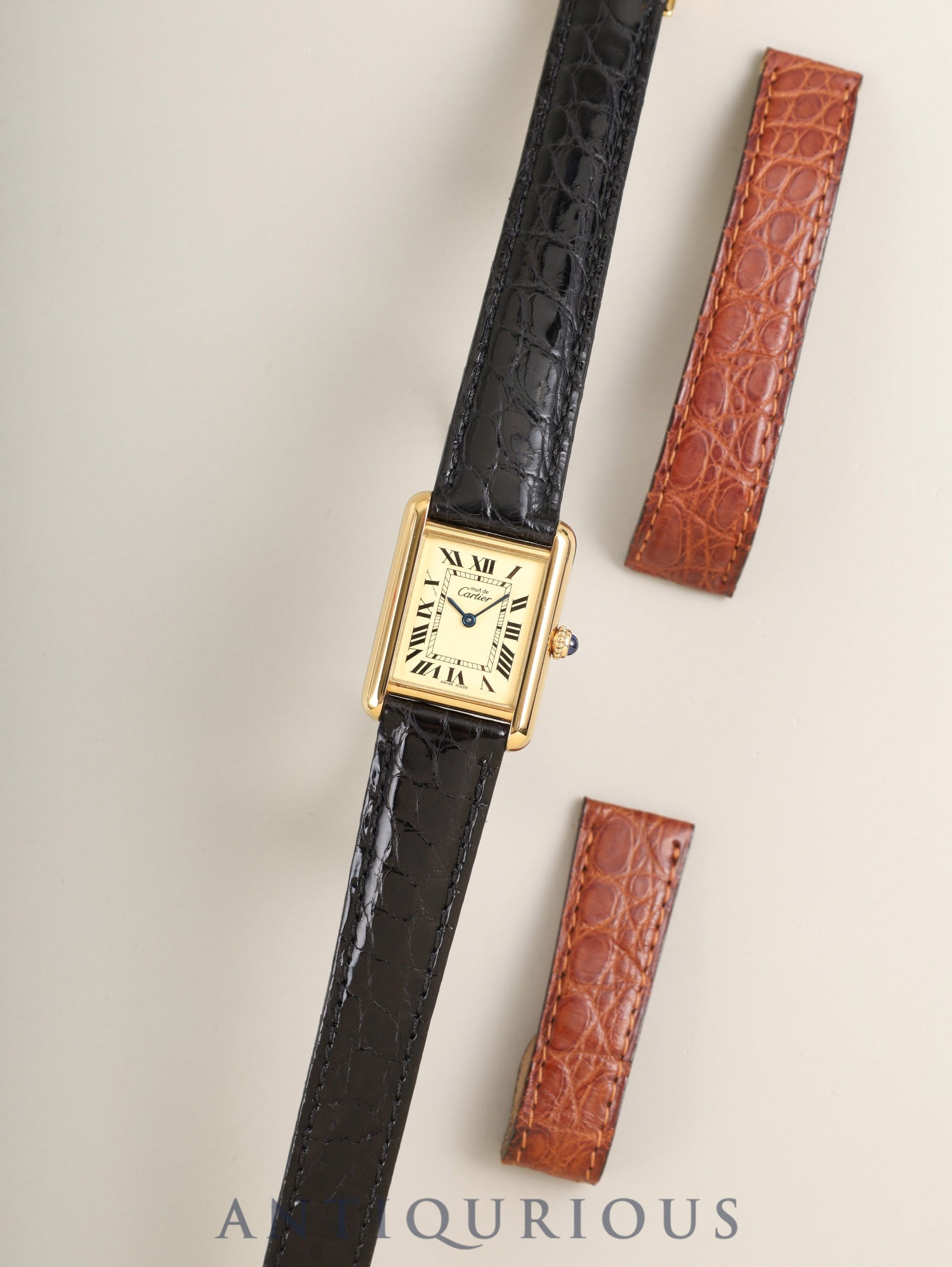 Cartier Must Tank MM W1017354 / 2415 Quartz Cal.057 SV925 Leather Genuine D-Buckle (GP) Ivory Roman (SWISS MADE marking) Overhauled