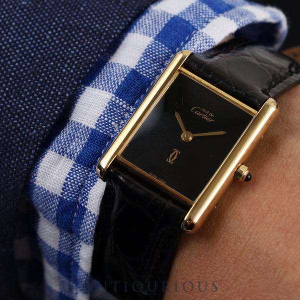 Cartier Must Tank LM 6 81006 Quartz SV925 Leather Genuine Buckle (GP) Black Onyx Dial Complete service (full maintenance) completed at Cartier boutique
