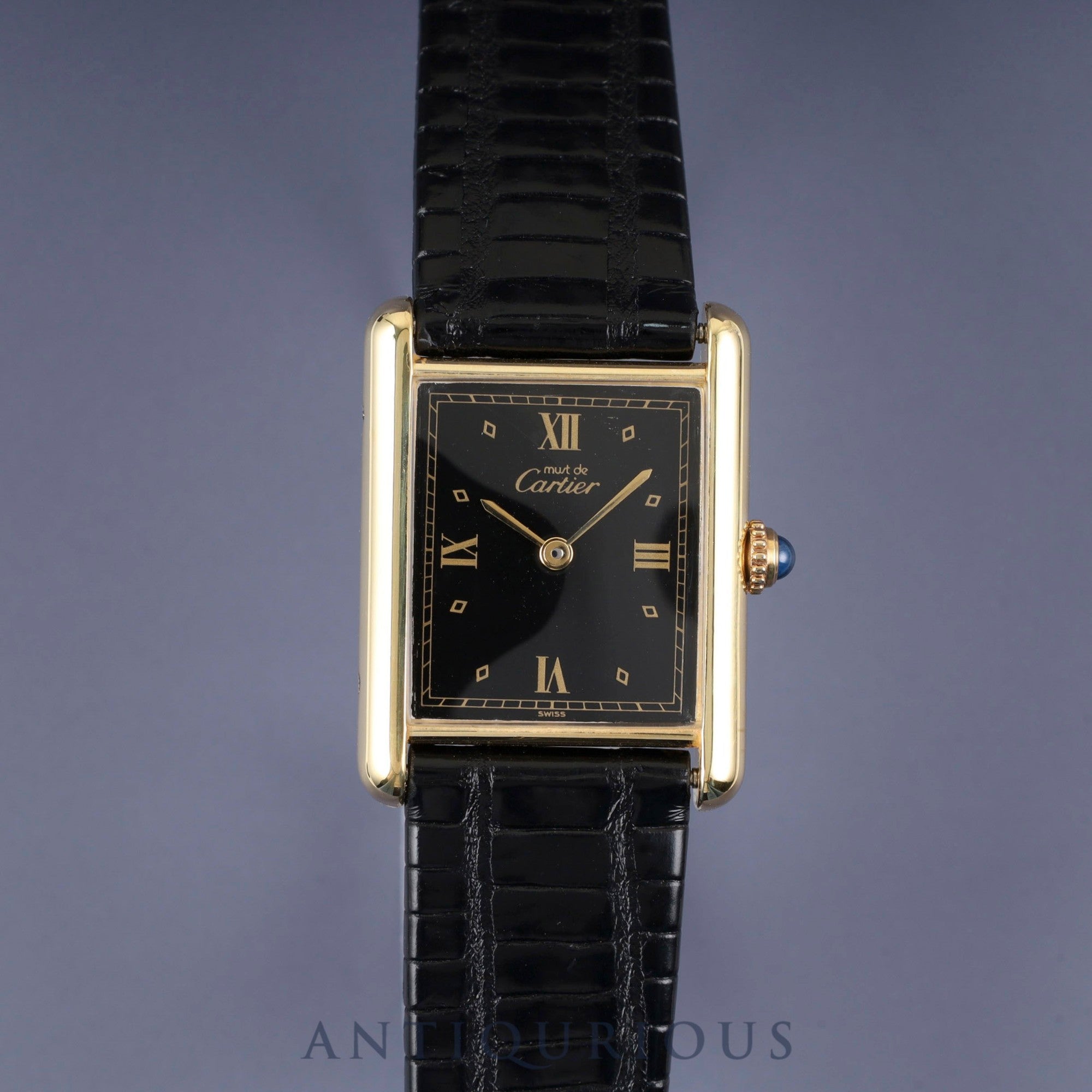 Cartier Must Tank LM 590005 Quartz Caliber 90 SV925 Leather Strap with Genuine GP Buckle, Black Roman Dial, Overhauled and Finished to Look Like New