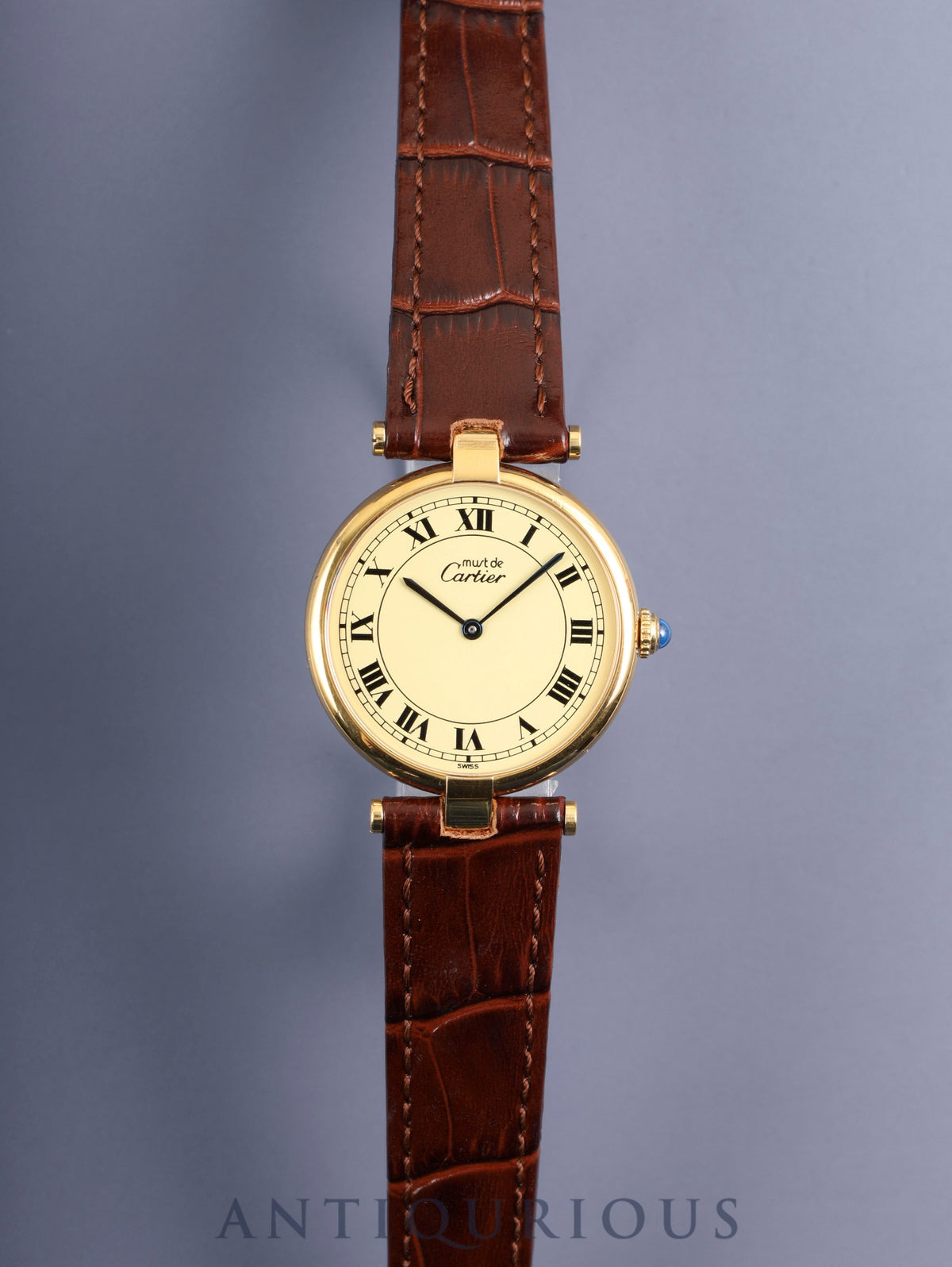 Cartier Must Vendôme VLC LM W1001853 / 590003 Quartz Caliber 90 SV925 Leather Strap with Genuine GP Buckle, Ivory Roman Dial, Overhauled