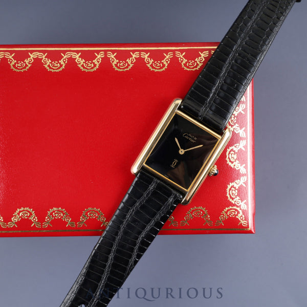 カルティエ マストタンク LM 手巻き Cal.78-1 SV925 革 純正尾錠(GP) オニキス文字盤 箱 オーバーホール済み