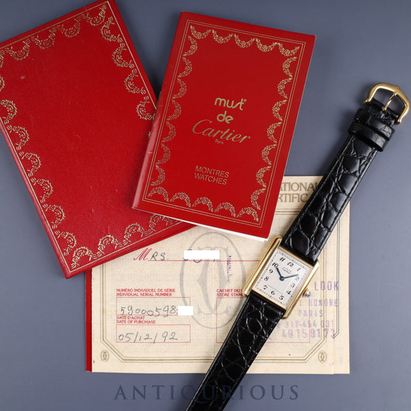 Cartier Must Tank LM 590005 Quartz SV925 Leather Genuine buckle (GP) Silver Arabic dial Warranty (1992/personal name included) Complete service (full maintenance) completed at Cartier boutique