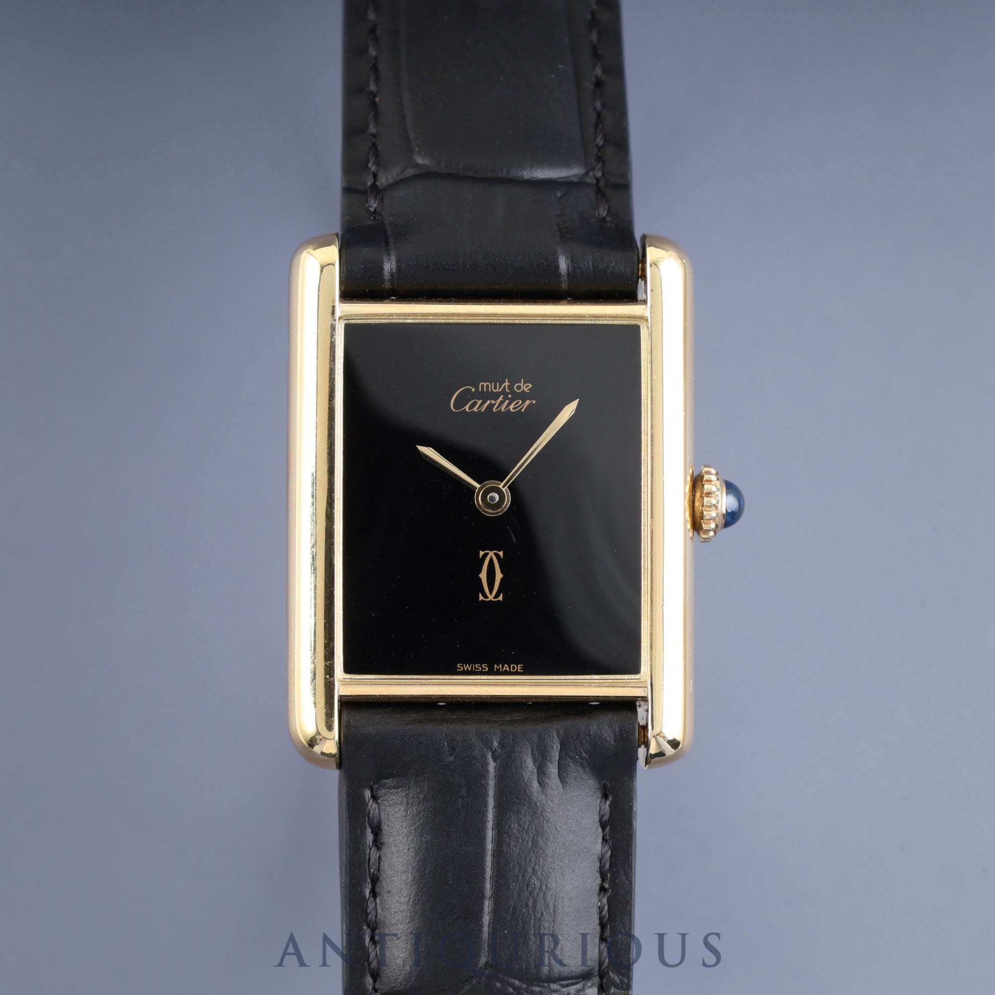 Cartier Must Tank LM, manual winding, Cal. 78-1, SV925, leather, genuine D-buckle (GP), black onyx dial, complete service (full maintenance) completed at a Cartier boutique.