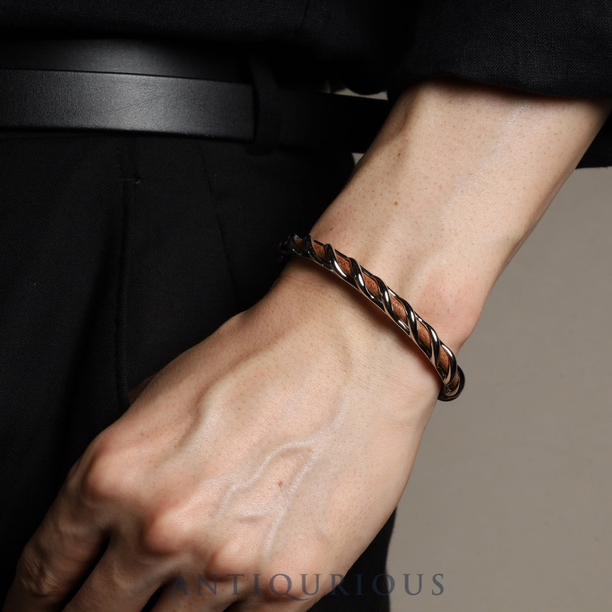 Hermes Torsade Open Bangle Metal x Leather Silver x Brown Box Dust Bag Tag