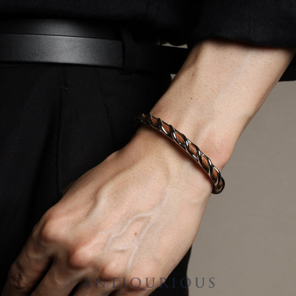 Hermes Torsade Open Bangle Metal x Leather Silver x Brown Box Dust Bag Tag