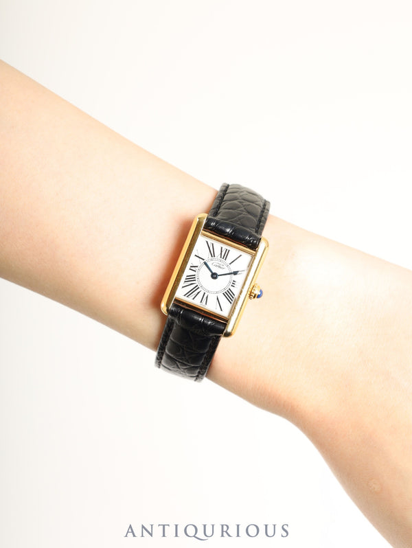 Cartier Must Tank SM 5057001 Quartz Caliber 057 SV925 Leather Genuine D-buckle (GP) Opalescent Dial (SWISS markings) Circa 1982-1995 Box Warranty (1994) Completely serviced and overhauled at a Cartier boutique