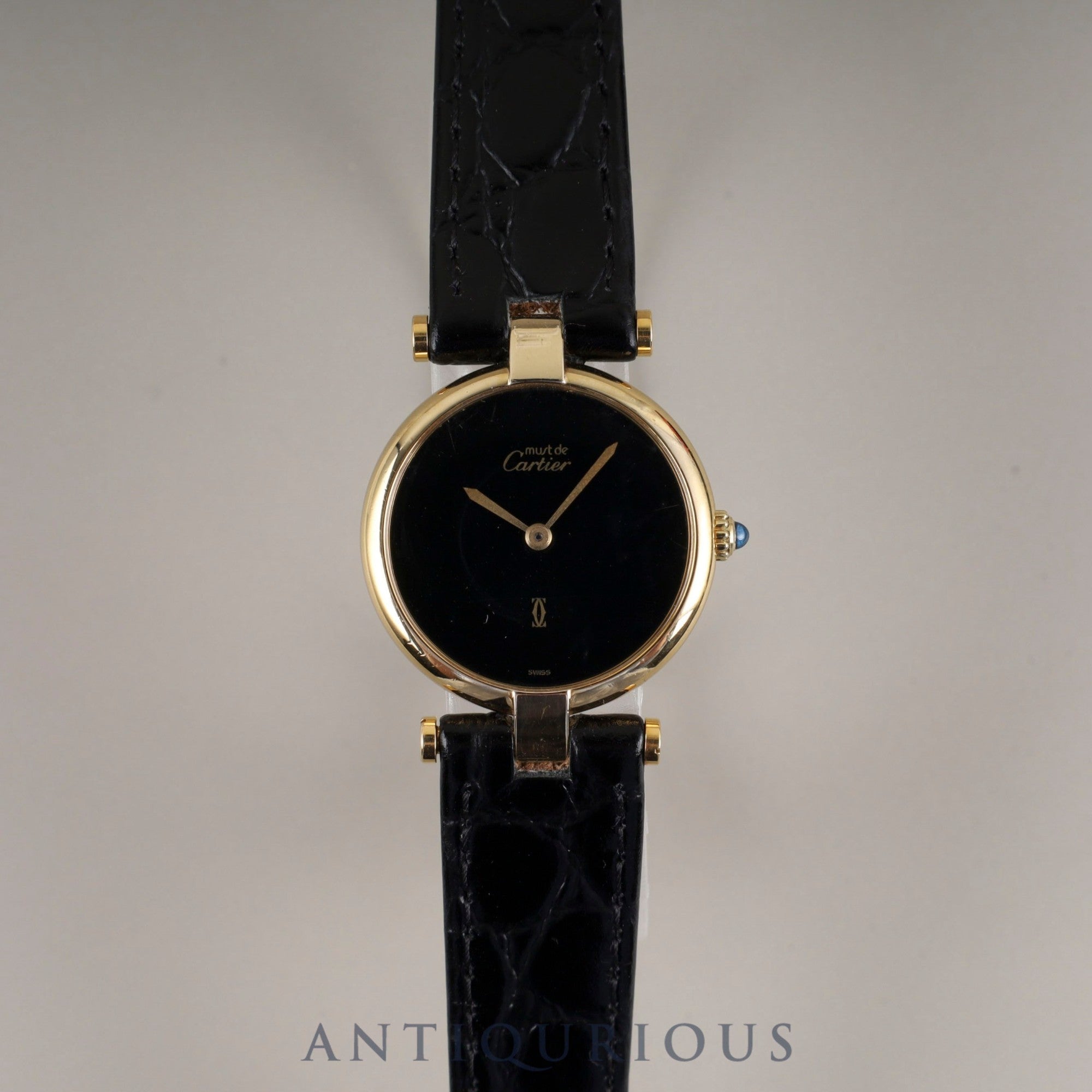 Cartier Must Vendôme VLC SM Quartz Cal.81 SV925 Leather Strap with Genuine GP Buckle, Onyx Dial, Overhauled