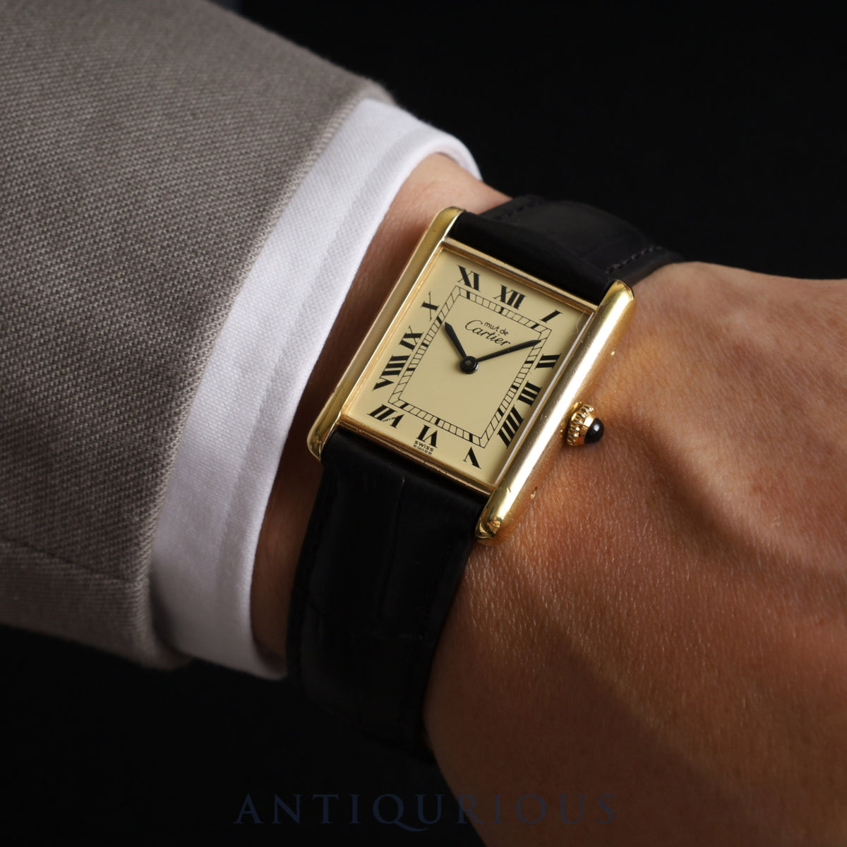 Cartier Must Tank LM Manual winding Cal.78-1 SV925 Leather Genuine D buckle (GP) Ivory Roman dial Overhauled