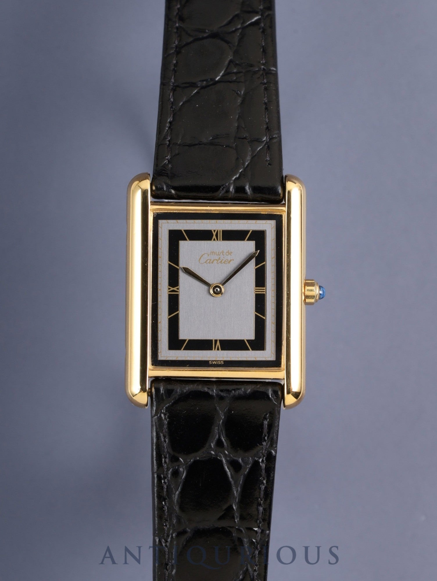 カルティエ マストタンク LM 681006 クォーツ Cal.81 SV925 革 純正尾錠(GP)グレー飛びローマン文字盤(SWISS表記)オーバーホール済み