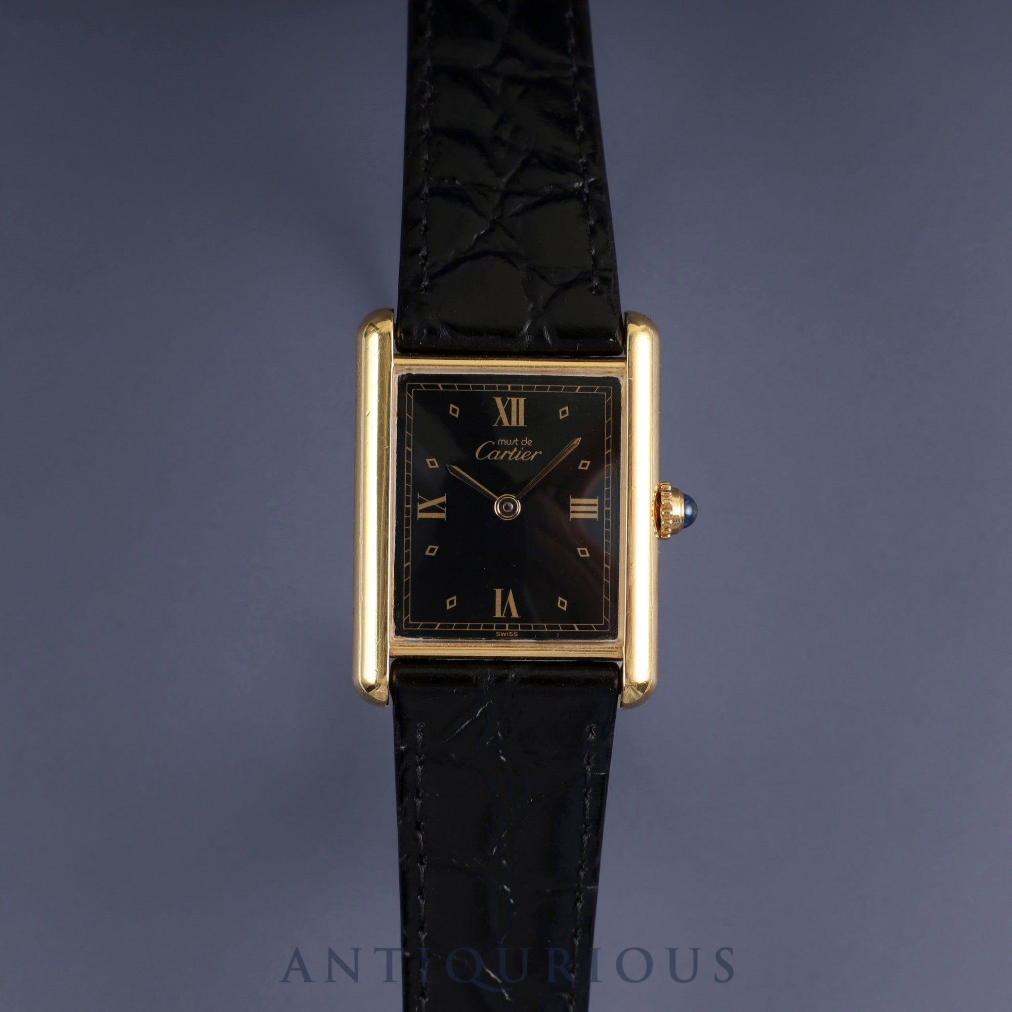 カルティエ マストタンク LM 590005 クォーツ Cal.90 SV925 革 純正尾錠(GP) ブラック飛びローマン文字盤 オーバーホール済み 新品仕上げ済み