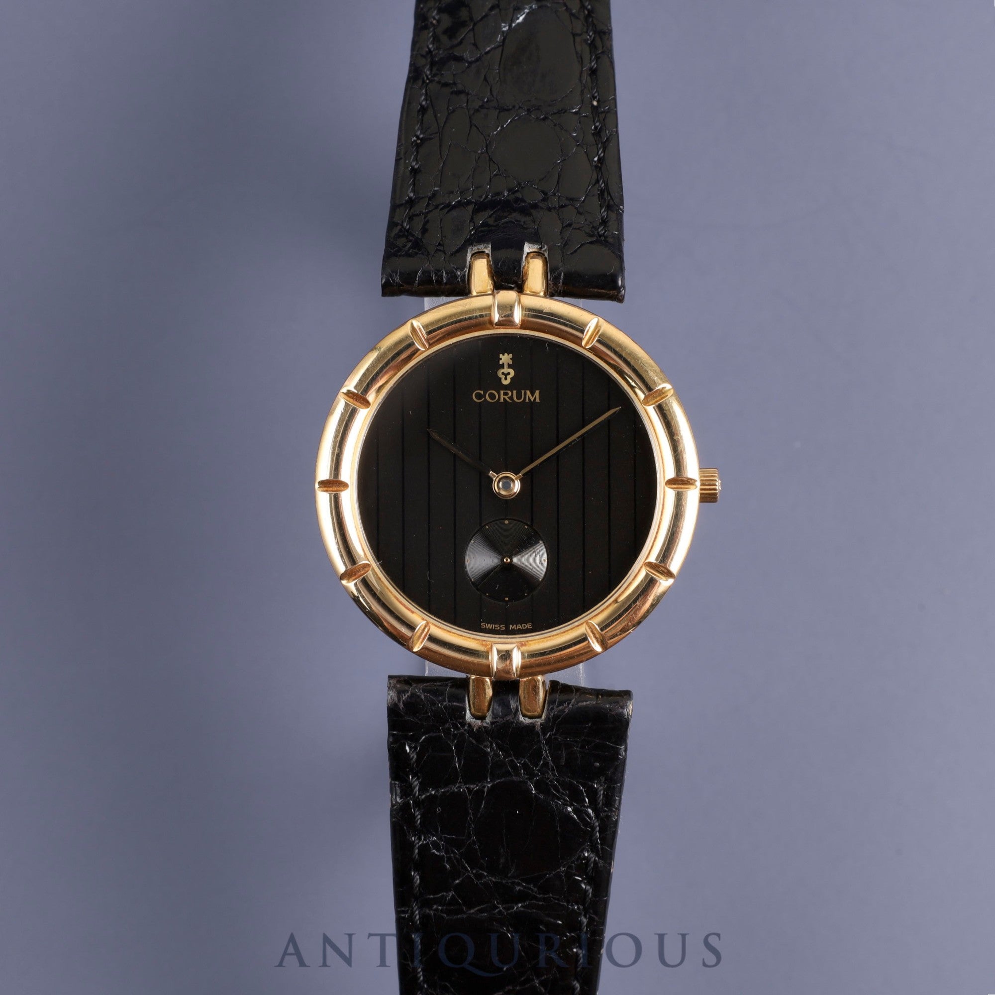 Corum Round 94.129.56 Quartz Cal.211 101 18KYG Leather Genuine Buckle (GP) Black Dial Box Warranty (1991) Overhauled