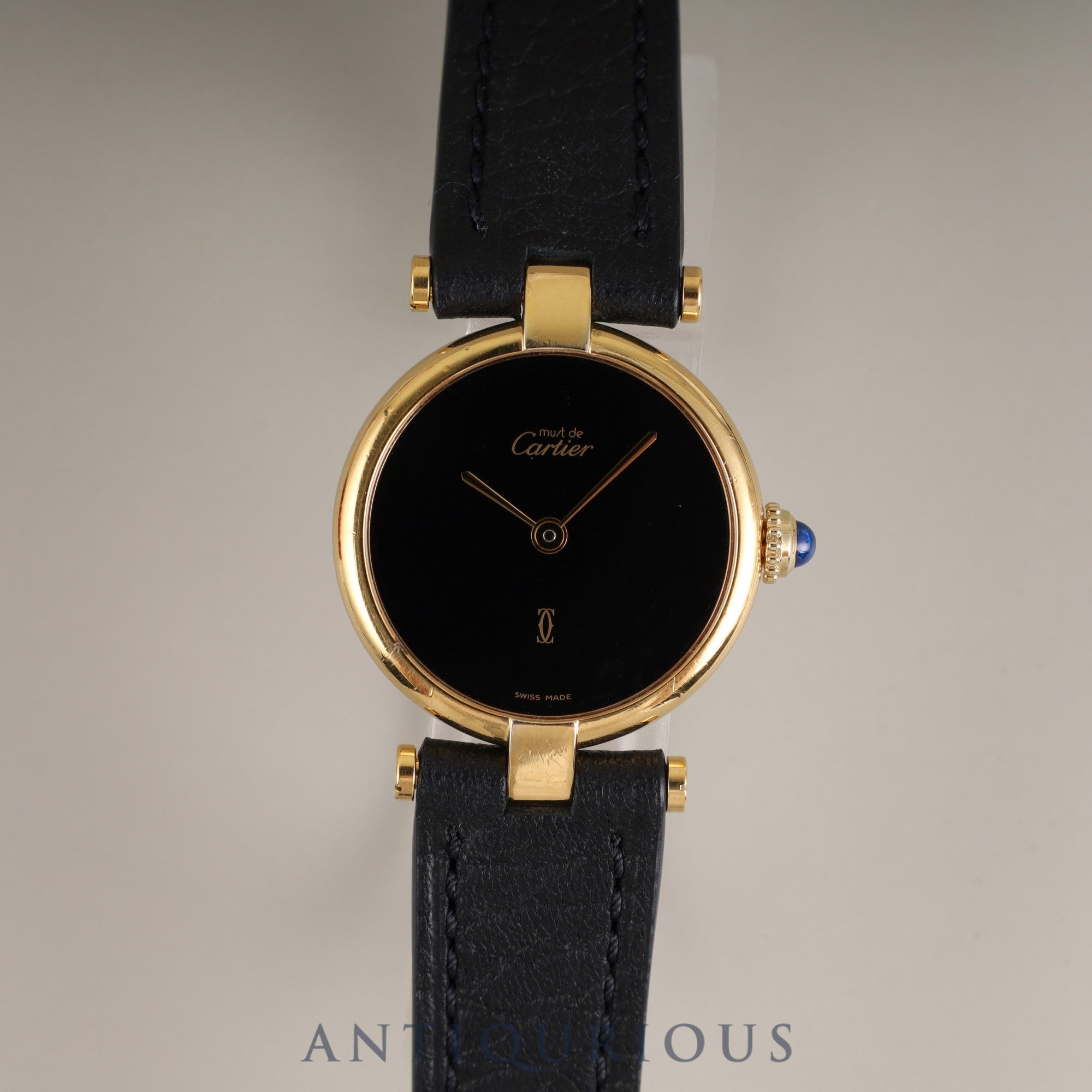Cartier Must Vendôme VLC SM Quartz SV925 Leather Genuine Buckle (GP) Onyx Dial Box Booklet Tag Warranty (1985) Completely serviced at a Cartier boutique