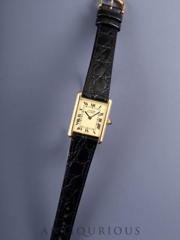 Cartier Must Tank LM 590005 Quartz Caliber - SV925 Leather Strap with Genuine GP Buckle, Ivory Roman Dial (SWIIS MADE Marked), Newly Polished, Completely Serviced at a Cartier Boutique