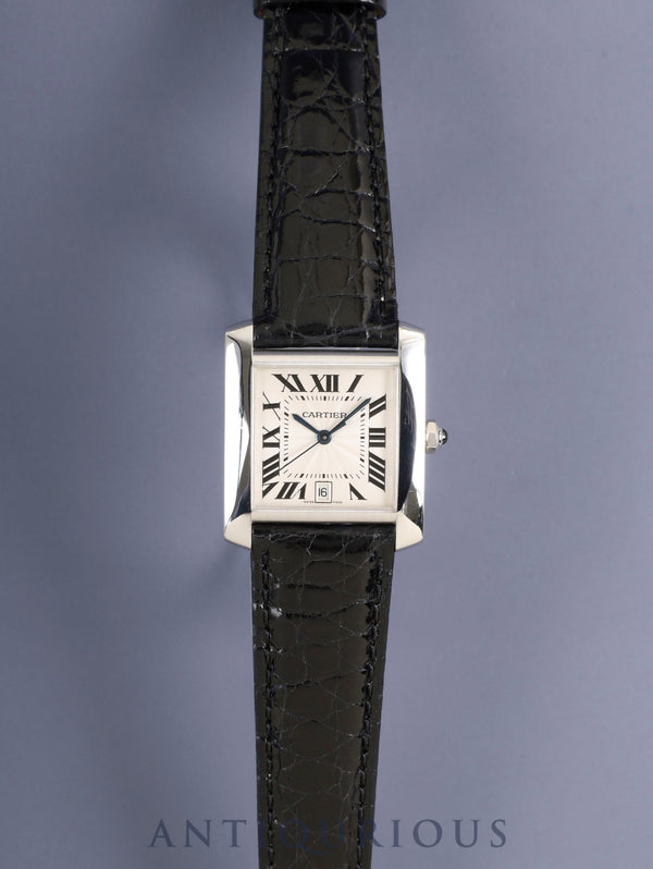 Cartier Tank Française LM W50011S3 / 2366 Automatic Cal.- 750WG Leather Original pin buckle (SS) Silver guilloché Roman numerals Overhauled