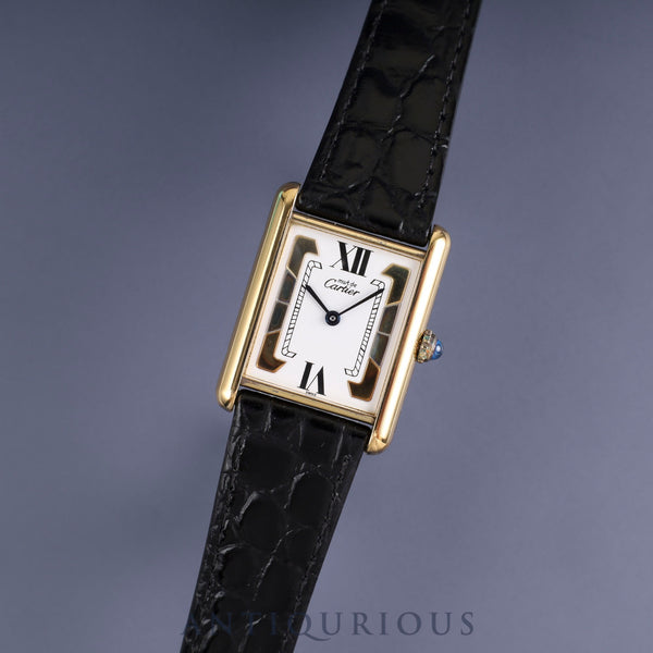 Cartier Must Tank LM 590005 Quartz Caliber 90 SV925 Leather Strap with Genuine GP Buckle, Side Trinity Dial, Overhauled