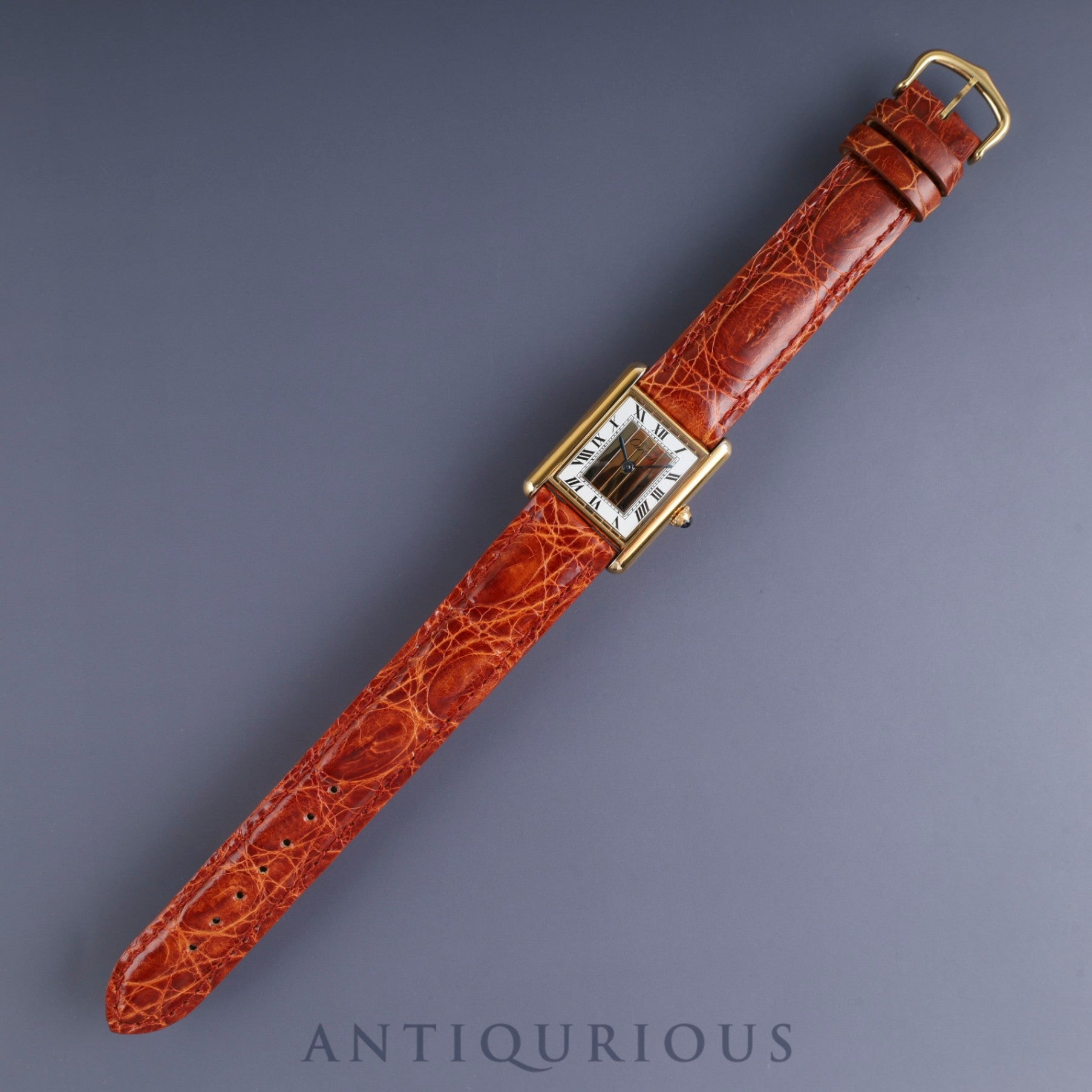 Cartier Must Tank LM 590005 Quartz Caliber 690 SV925 Leather Strap with Genuine GP Buckle, Front Trinity Dial, Overhauled