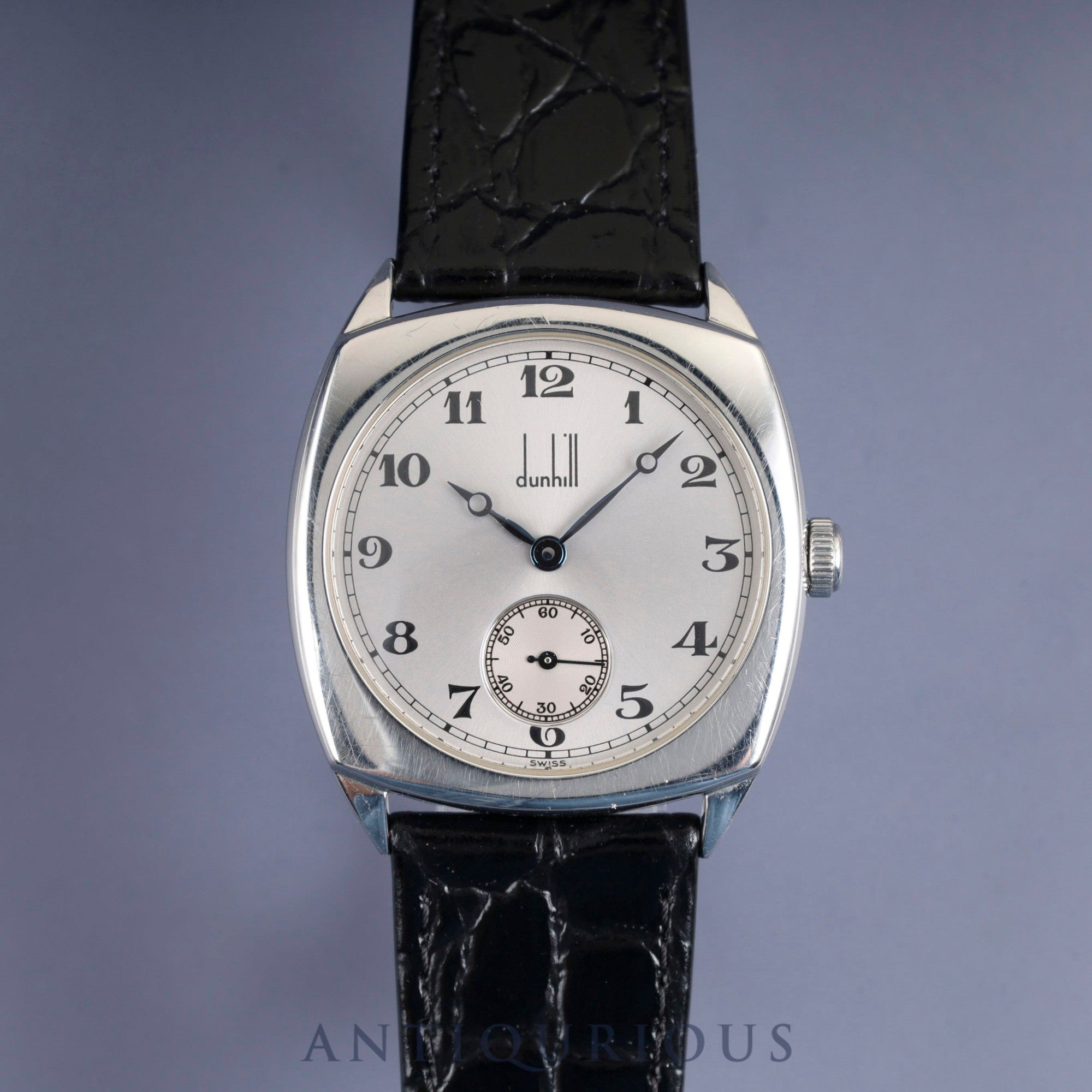 ダンヒル センテナリー クッションケース 115 手巻き Cal.7001 革 純正尾錠(SS)シルバーアラビア文字盤 箱 保証書(1996年)オーバーホール済み