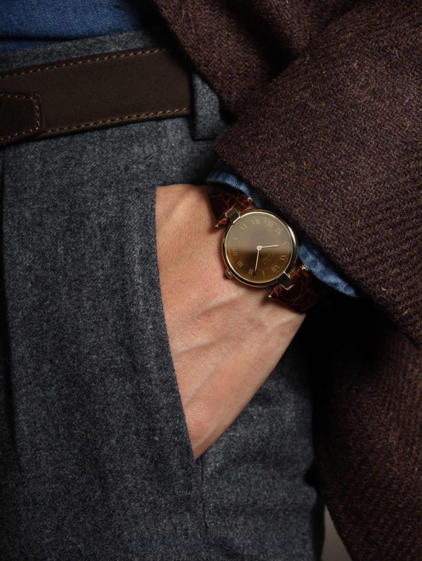 カルティエ マスト ヴァンドーム VLC LM 17 クォーツ SV925 革 純正尾錠(GP)マホガニー文字盤 保証書(1982年) カルティエブティックにてコンプリートサービス済み