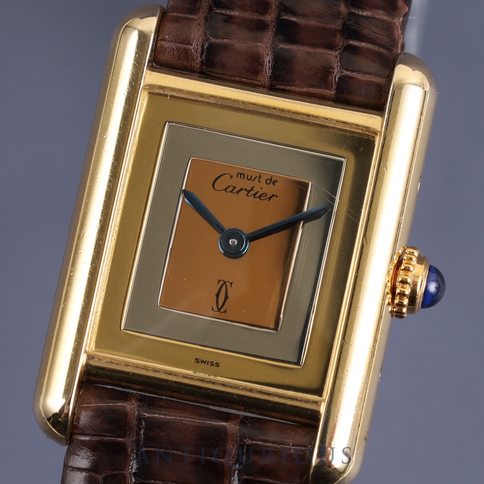 Cartier Must Tank SM 4919123 / 3 66001 Quartz Caliber 057 SV925 Leather Strap with Genuine GP Buckle, Square Trinity Dial, Box, Warranty Card, Overhauled