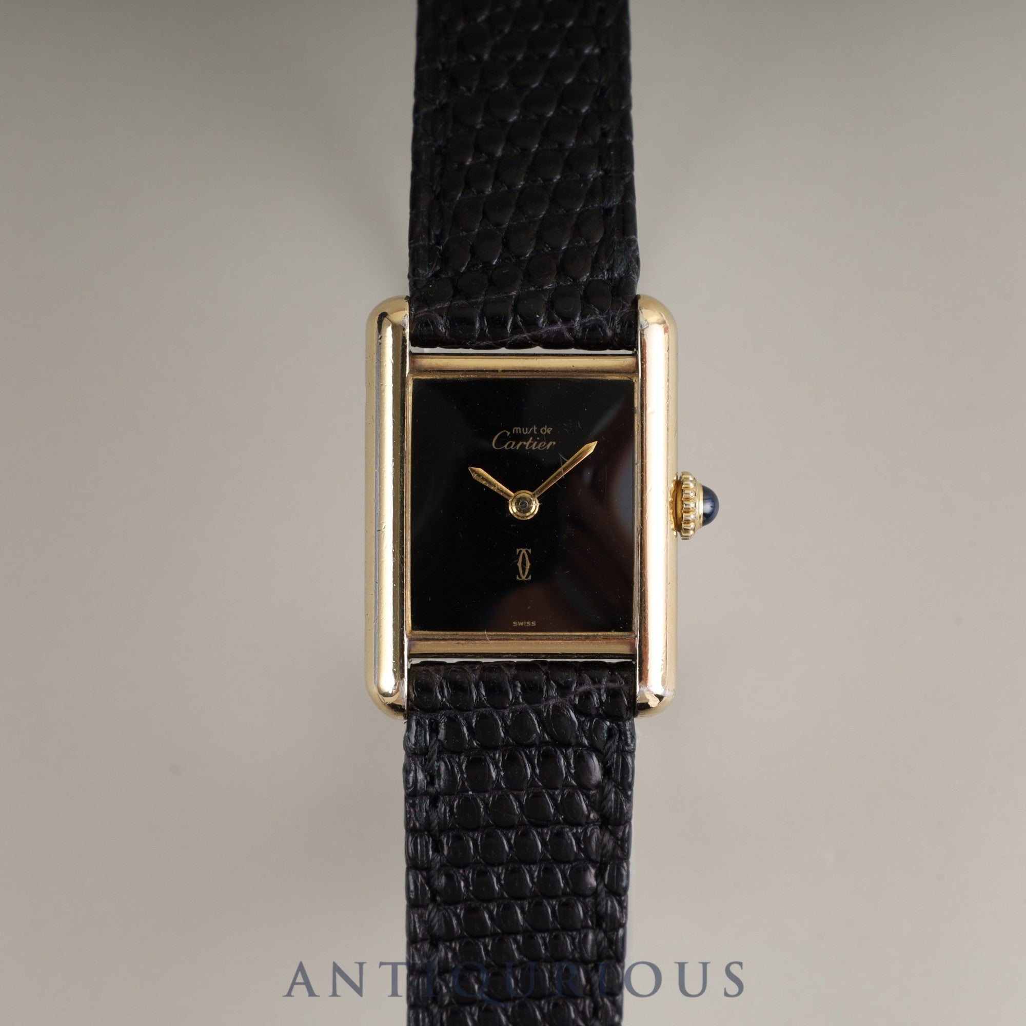 Cartier Must Tank SM Manual Winding Caliber - SV925 Leather Strap with Genuine GP Buckle, Onyx Dial (SWISS Marking), Circa 1976-1981, Overhauled
