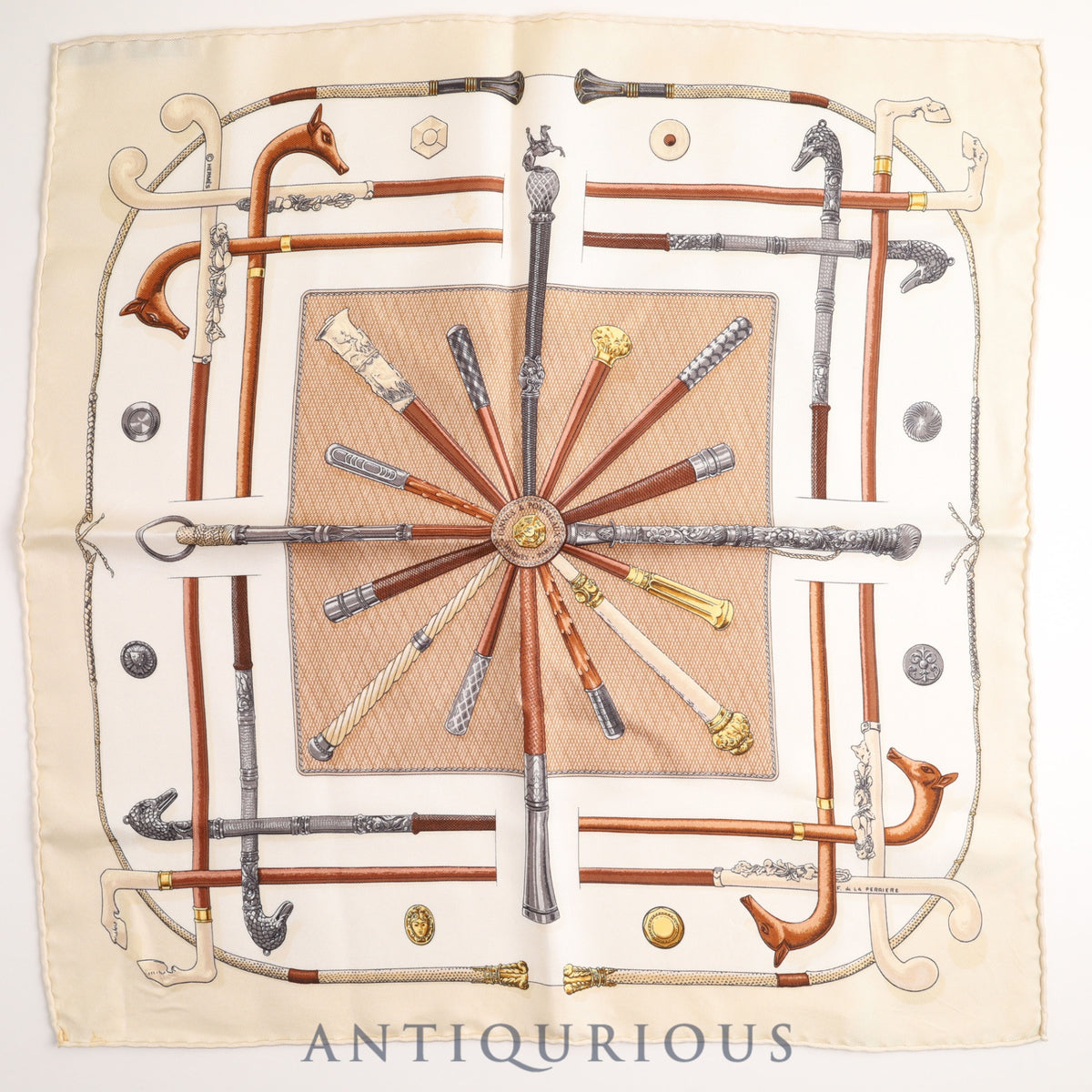 Hermes Scarf Carre 45 CANNES & POMMEAUX Walking Stick Pattern SILK 100%