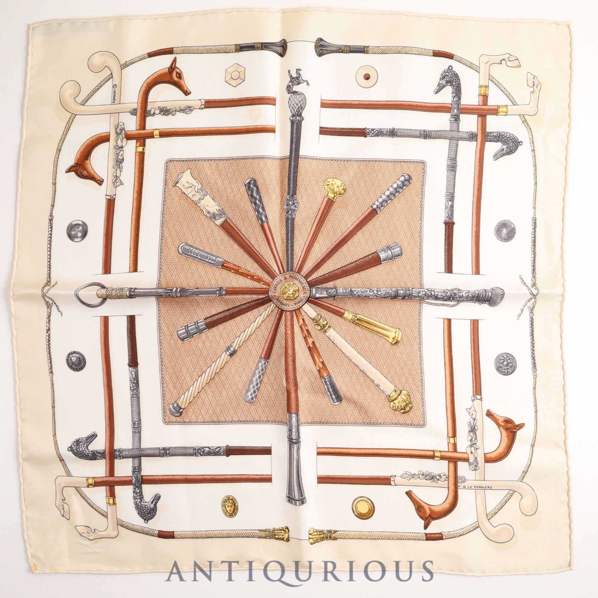 Hermes Scarf Carre 45 CANNES & POMMEAUX Walking Stick Pattern SILK 100%