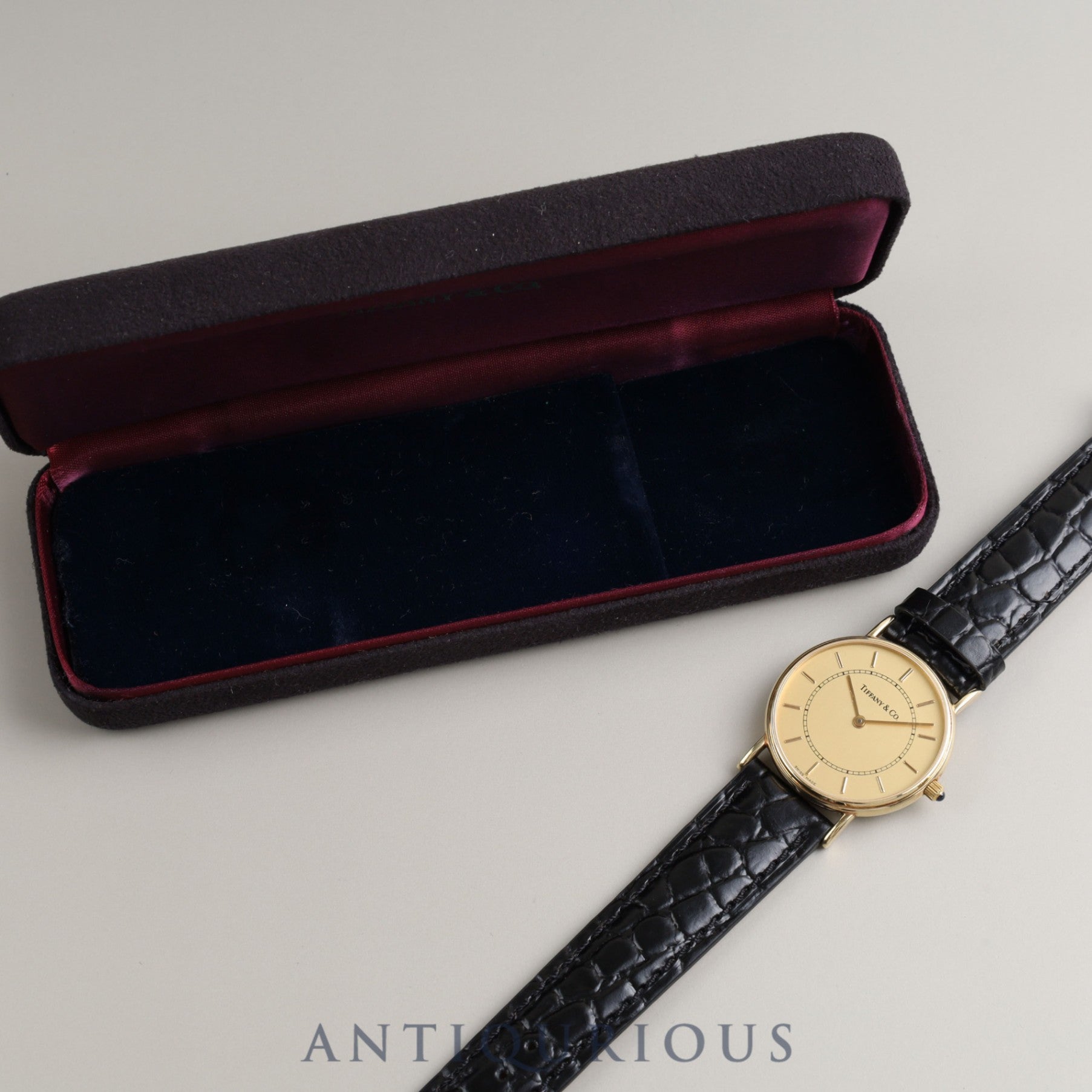 Tiffany Round Classic 60-501 Quartz 14KYG Leather Genuine Buckle (GP) Gold Dial Box