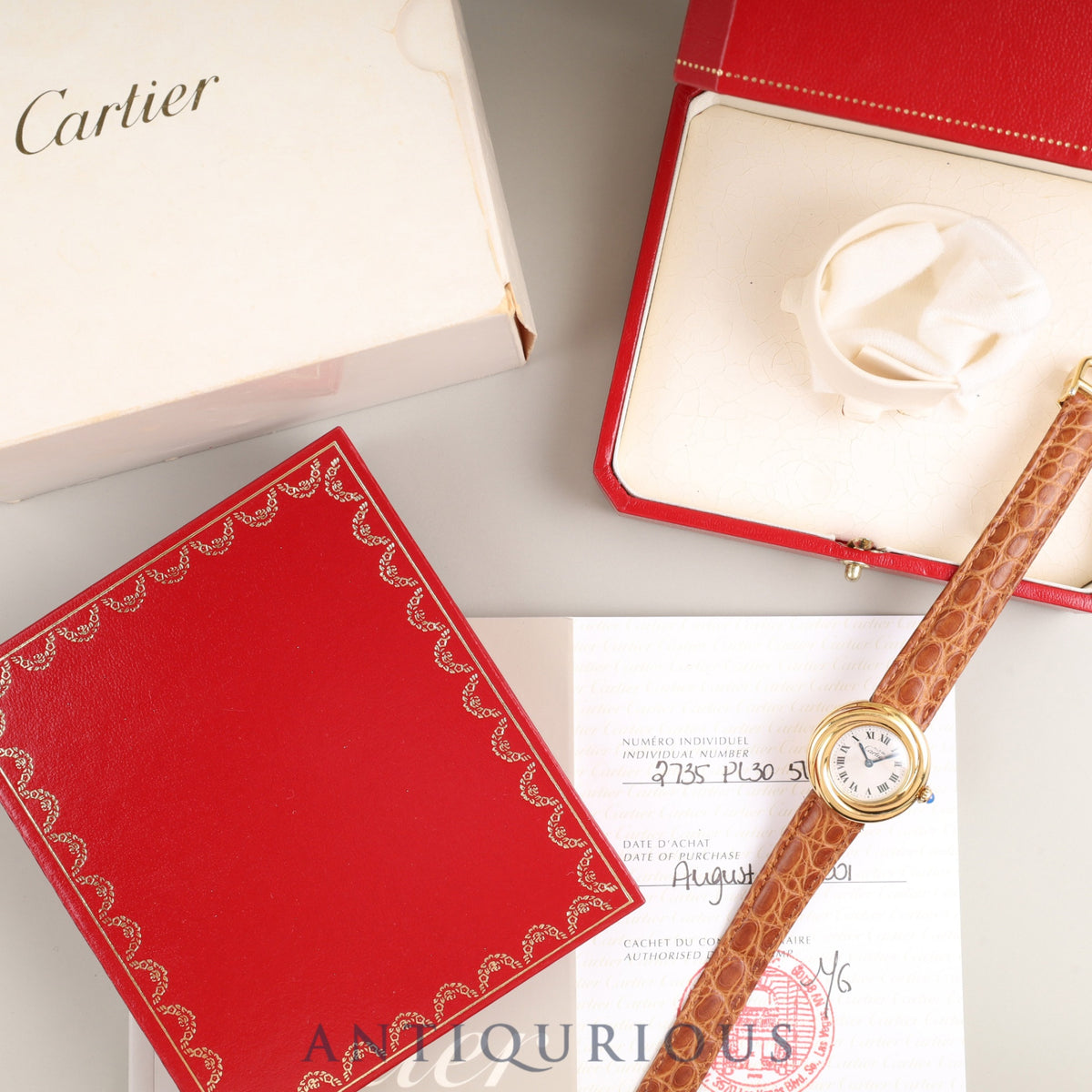 Cartier Must Trinity 2735 Quartz Cal.157 SV925 Leather Genuine D-buckle (GP) Silver Roman dial Box Booklet Warranty (2001) Overhauled