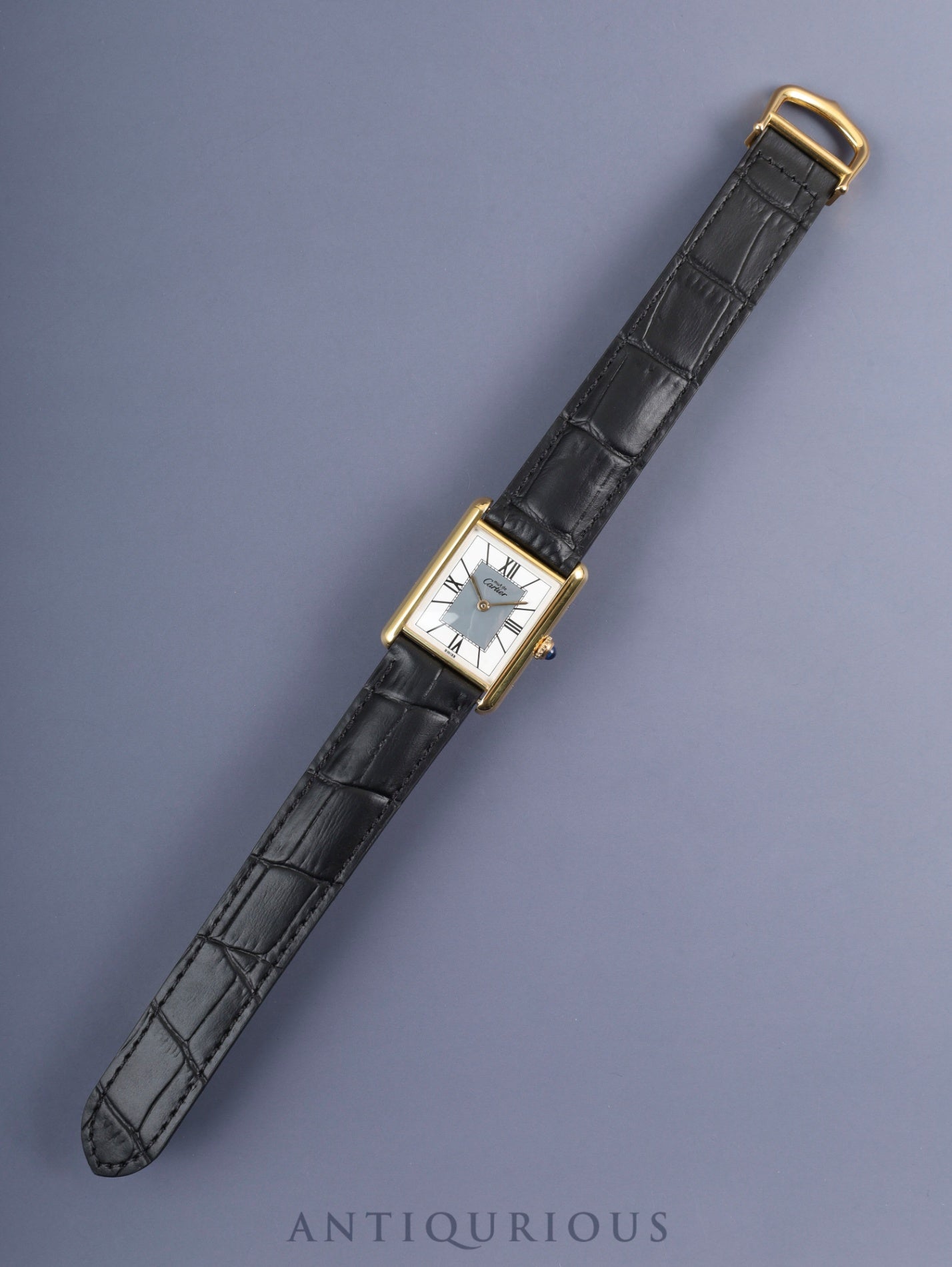 Cartier Must Tank LM 590005 Quartz Caliber 90 SV925 Leather Strap with Genuine D-buckle (GP) Gray Roman Dial with Center Drop, Overhauled and Finished to Look Like New